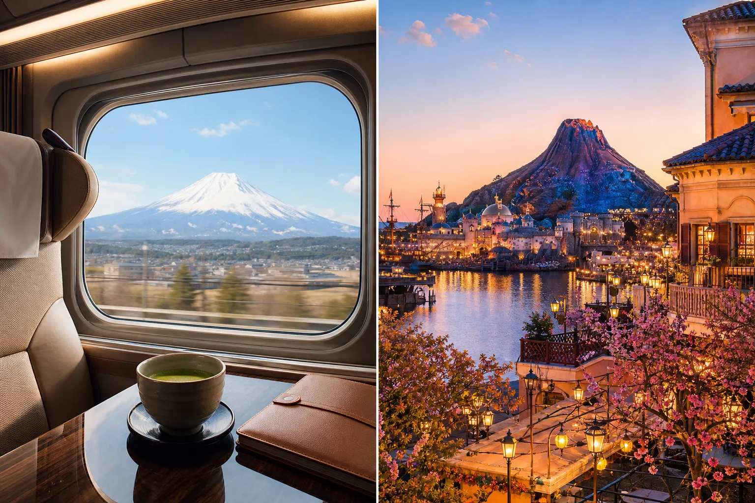 A first-class bullet train window view alongside Tokyo DisneySea—one bespoke Japan itinerary.