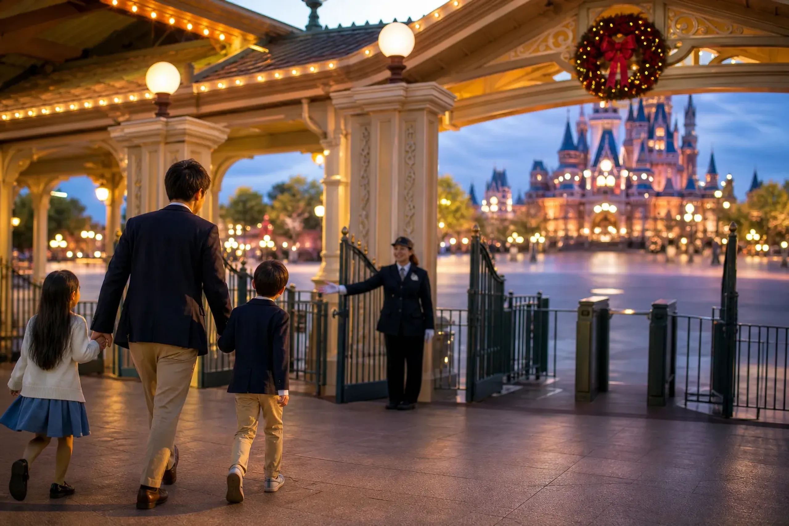 Family arriving at Tokyo Disney Resort park gates in early morning light