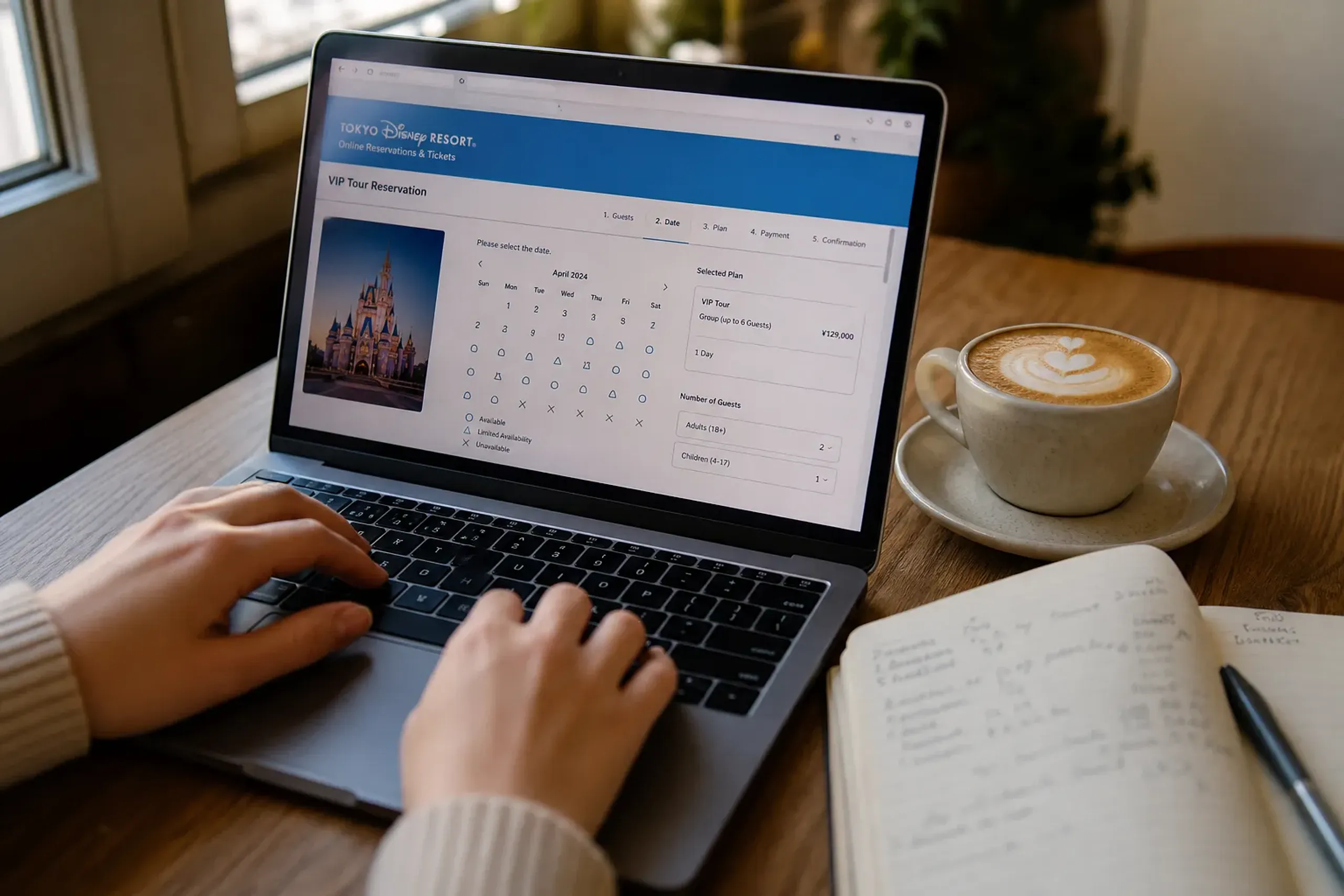 Guest completing an online hotel and tour reservation on a laptop