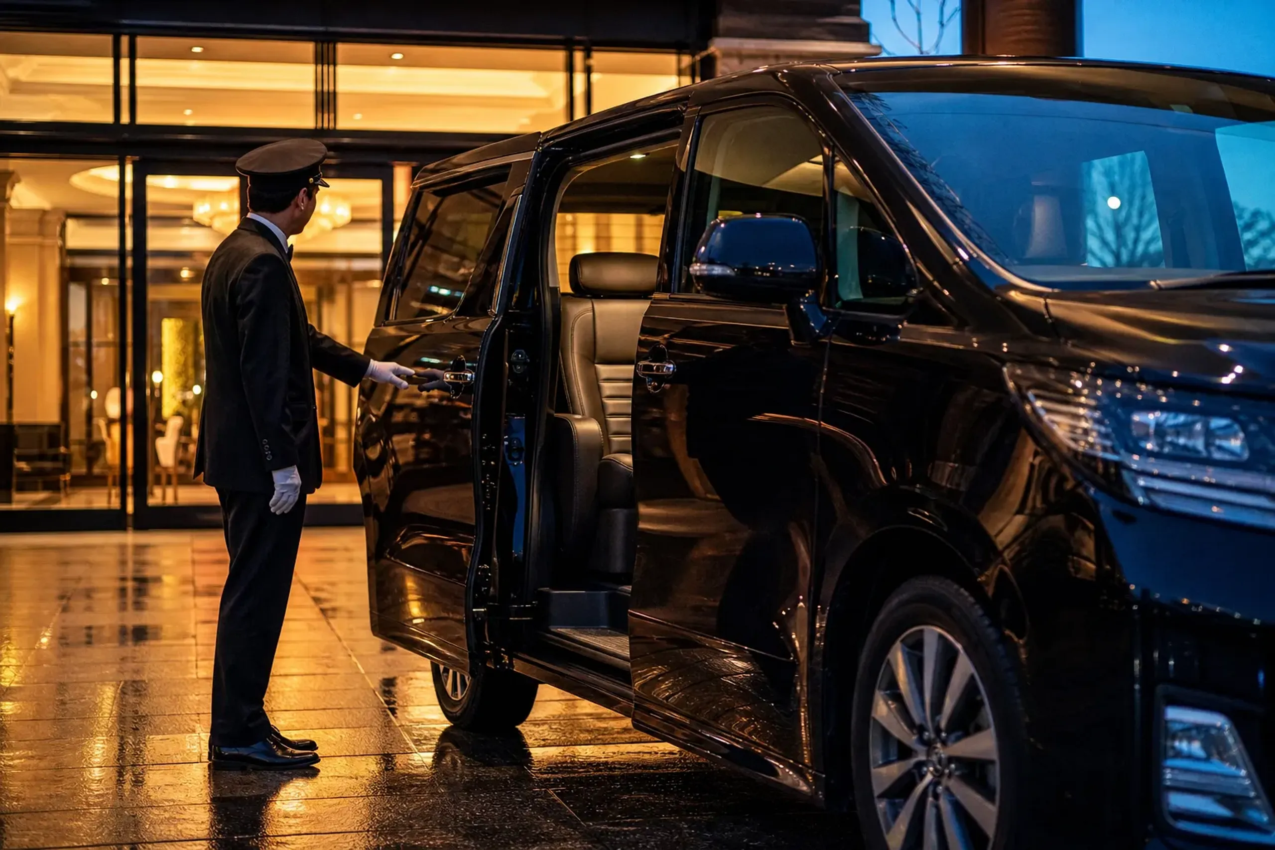 Uniformed chauffeur opening the door of a luxury minivan at a Tokyo hotel entrance