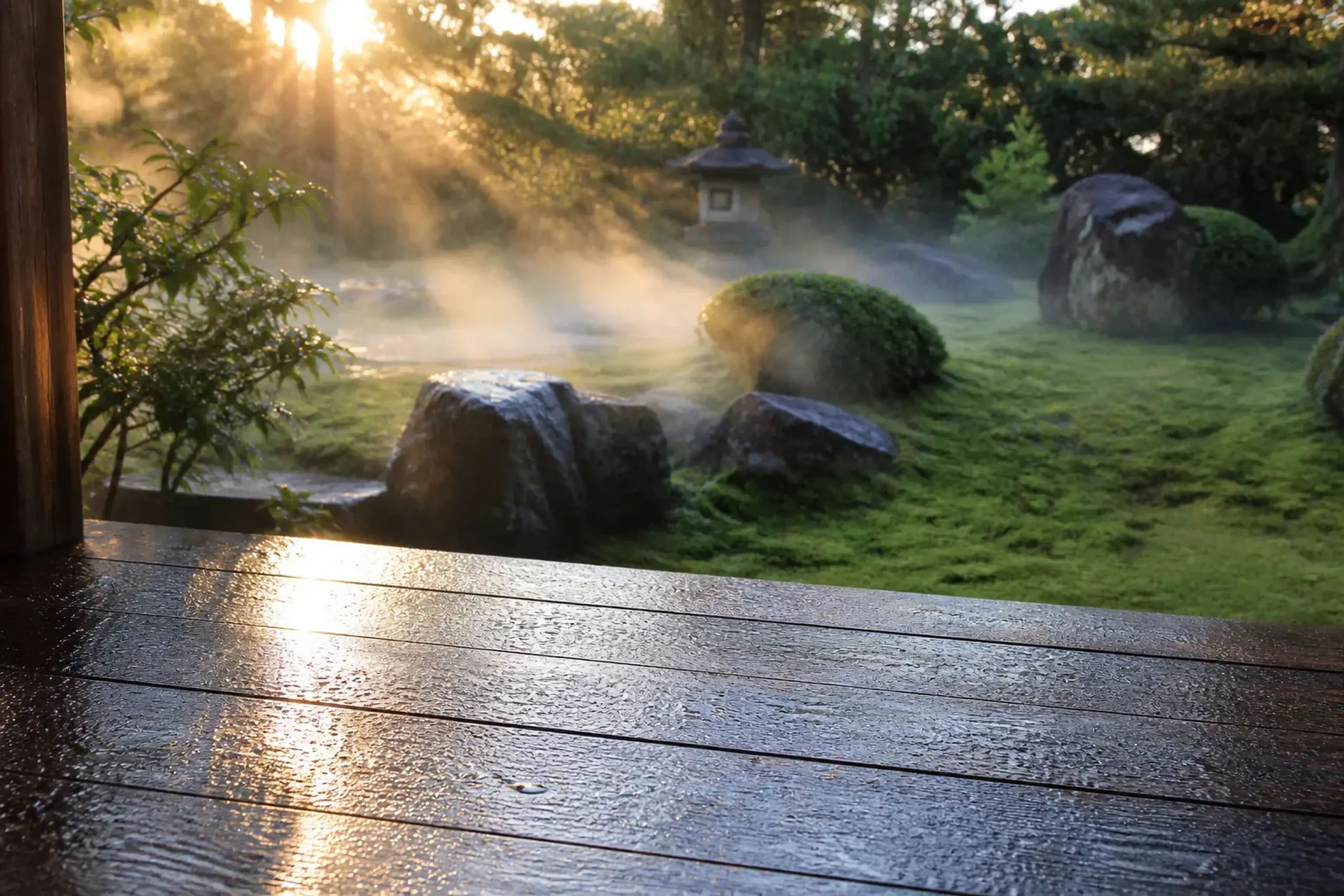 Moss garden and cedar veranda at a Japanese ryokan in early morning mist