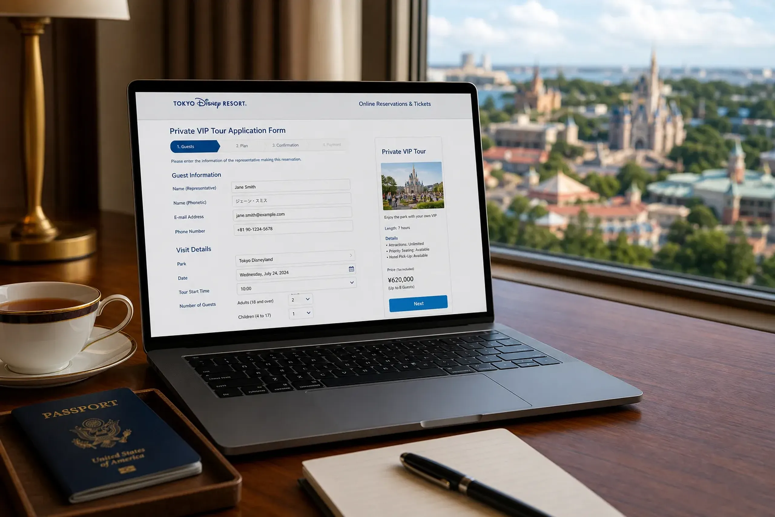 the official Tokyo Disney Resort reservation account interface displayed on a laptop screen showing a Private VIP Tour application form, set on a suite desk in the Maihama area
