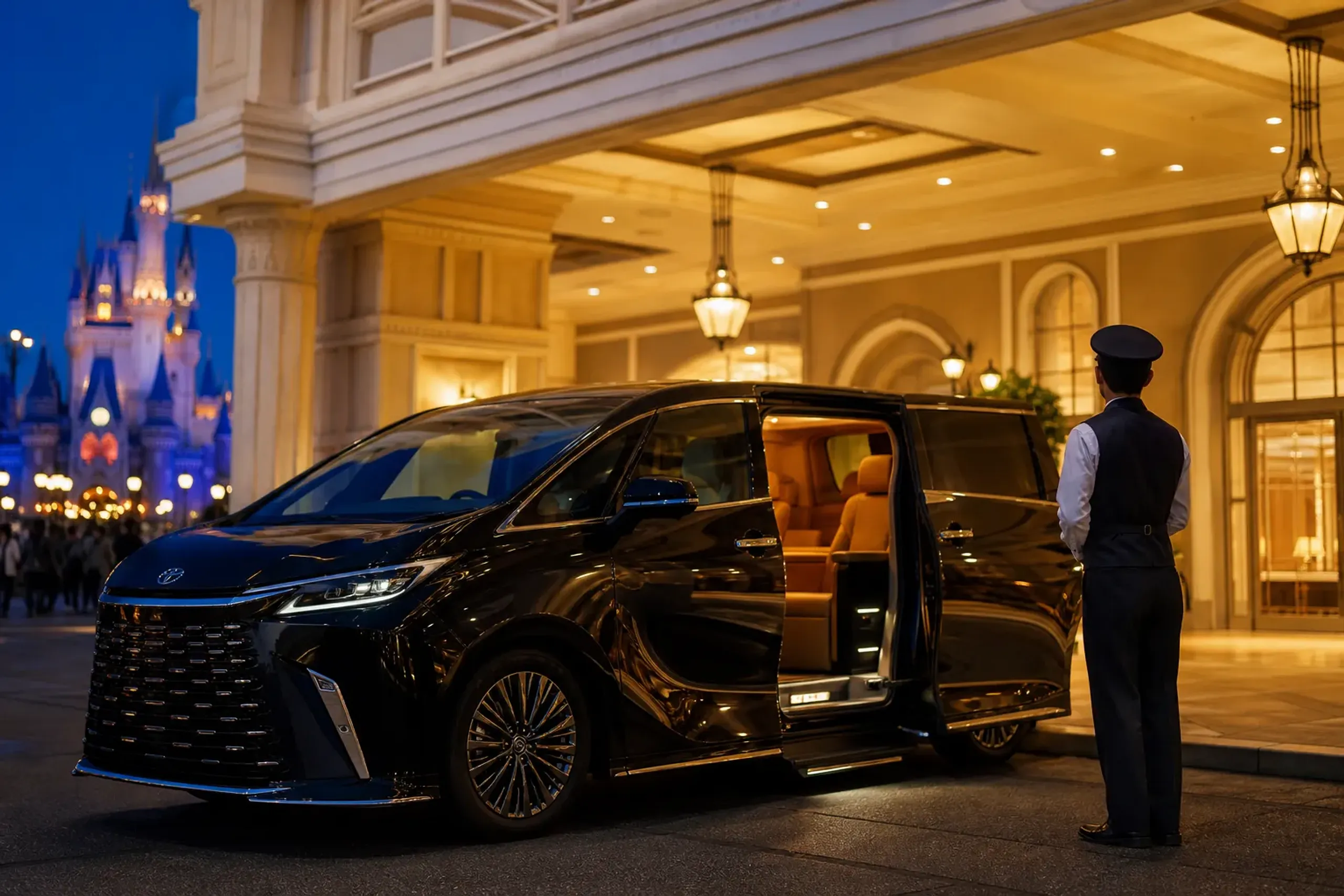 a black Lexus LM 500 luxury minivan with its low step-in door open, waiting at a hotel entrance during evening blue hour near the Maihama area