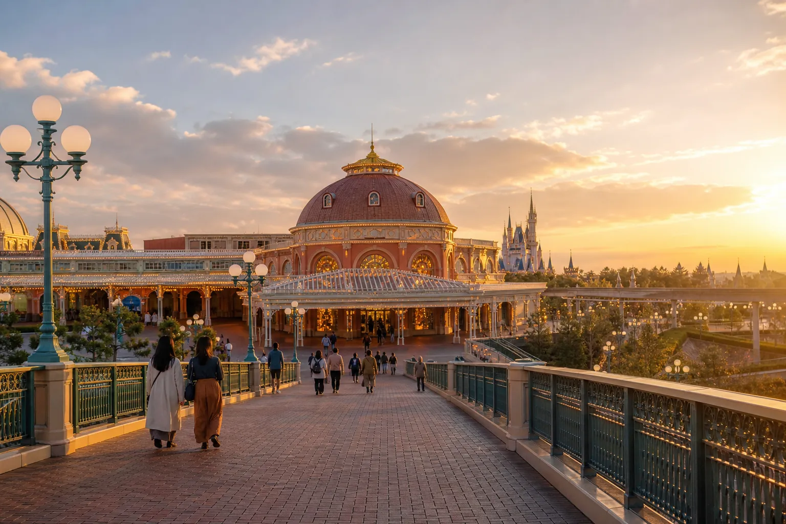 Capture of the Tokyo Disney Resort entrance featuring the Bon Voyage Store and pedestrian bridge. — Photo by Dmitry Romanoff on Pexels
