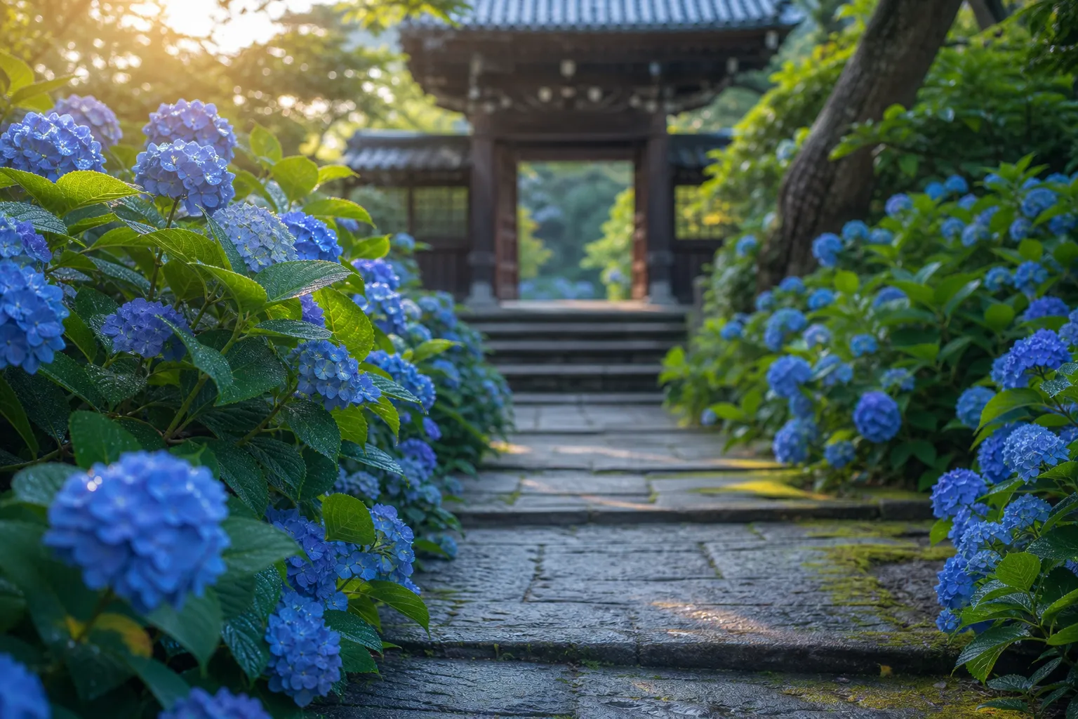 Hydrangeas lining a stone path at a temple in Kamakura in early summer
