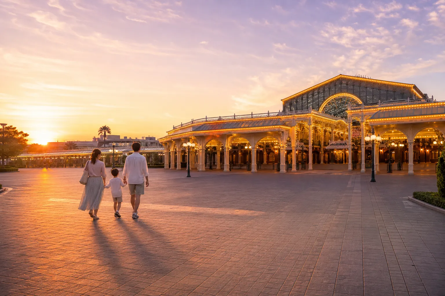 Guests arriving early at Tokyo Disney Resort entrance in soft morning light
