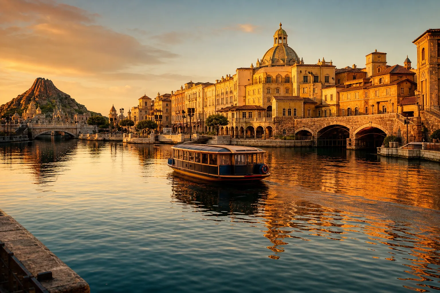 Mediterranean Harbor area at Tokyo DisneySea at golden hour with waterfront reflections
