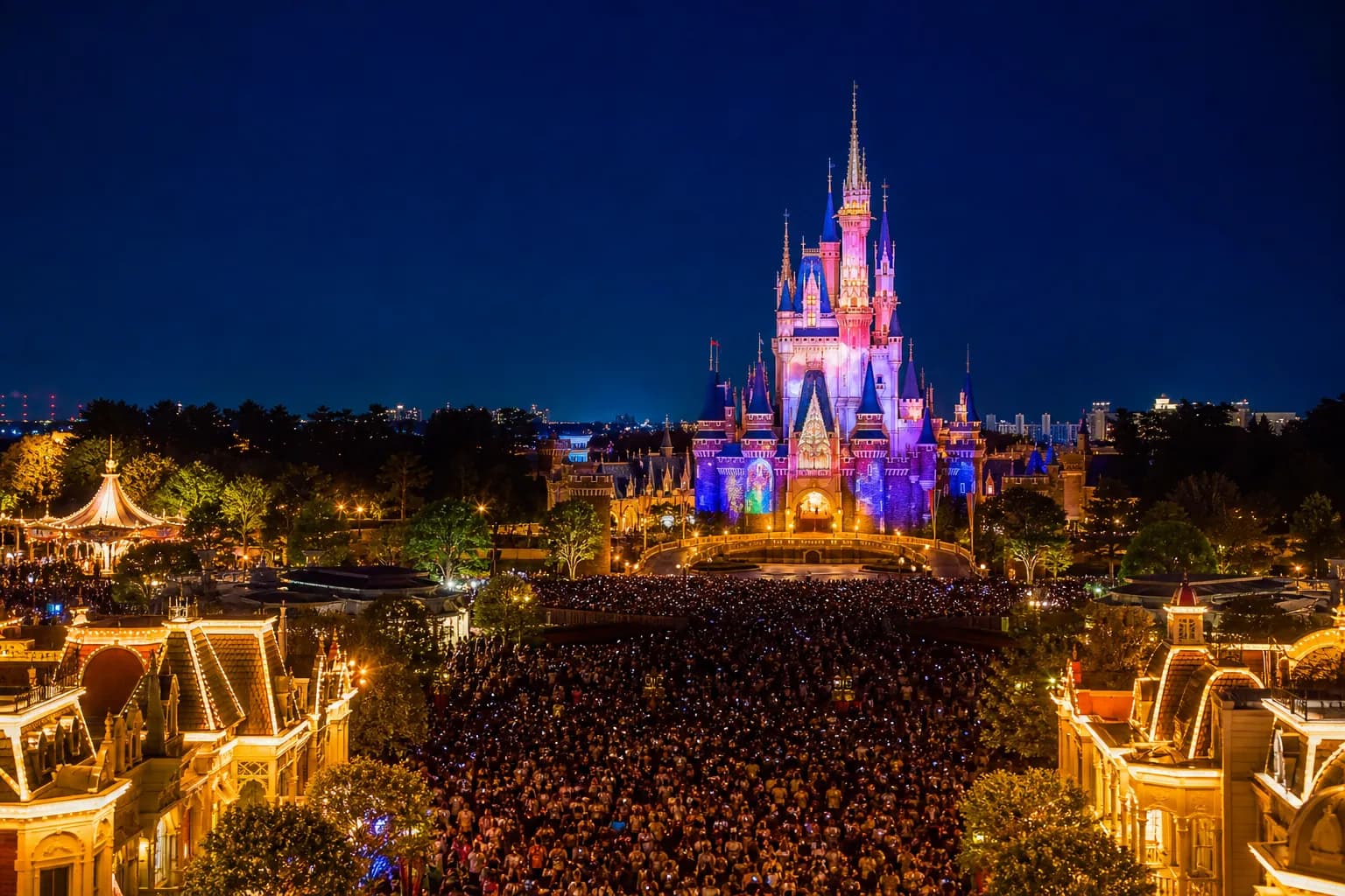 Tokyo Disneyland castle area at night with illuminated lighting and distant crowd