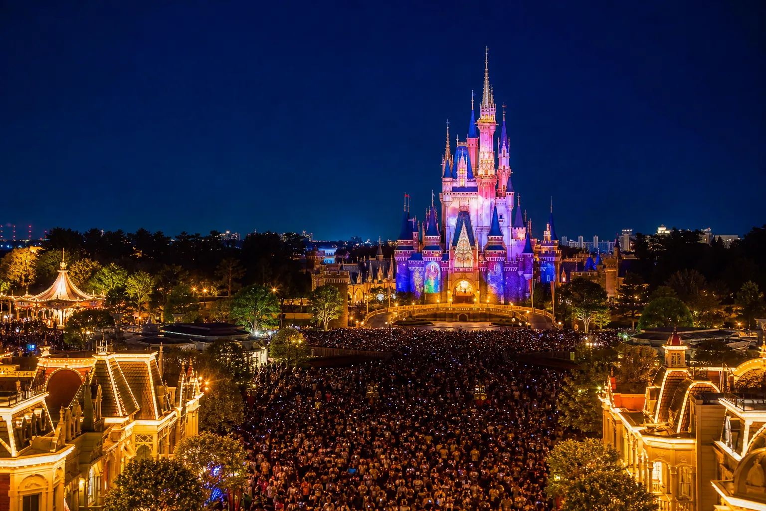 Tokyo Disneyland castle area at night with illuminated lighting and distant crowd