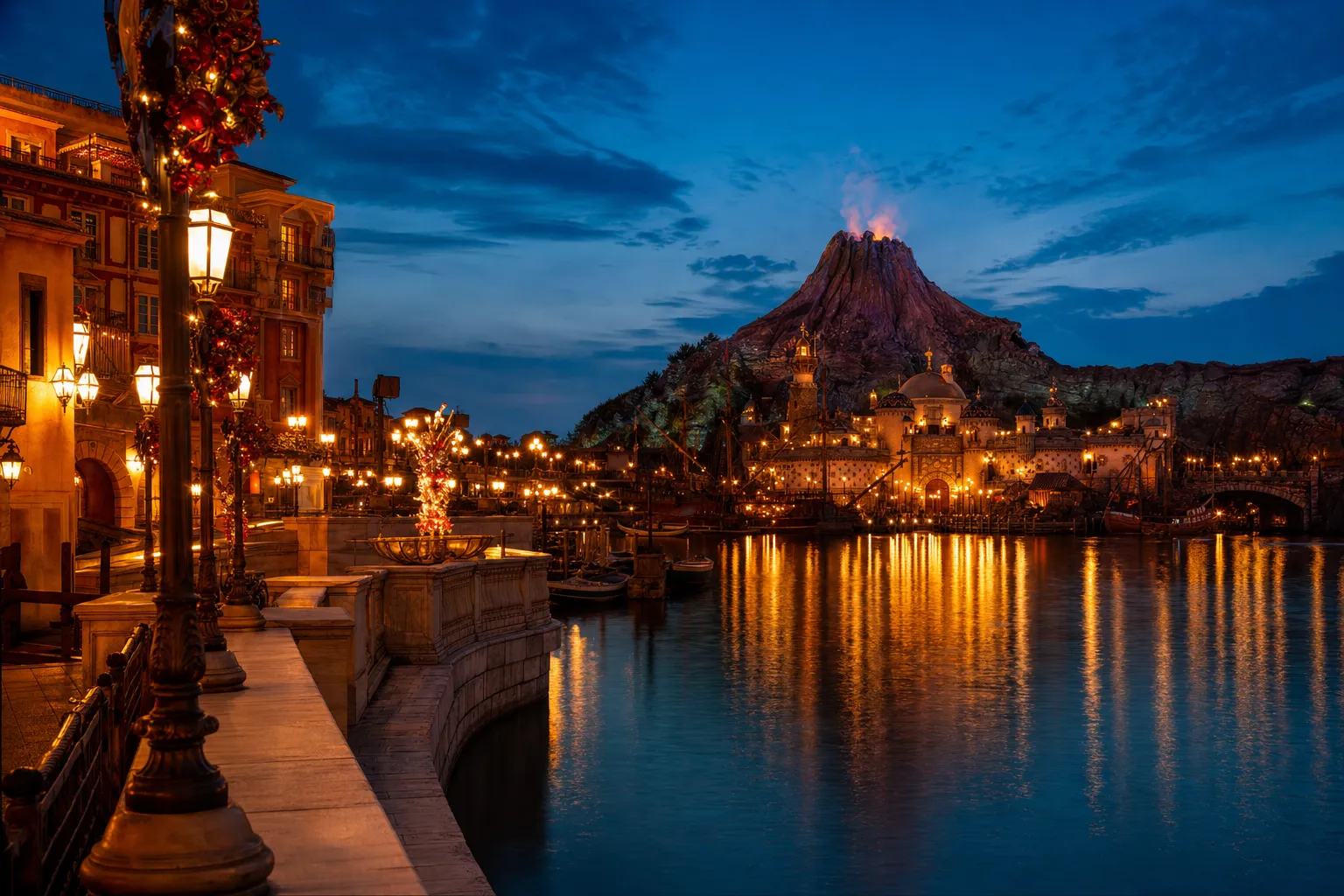 The illuminated Mediterranean Harbor waterfront of Tokyo DisneySea at dusk, with the volcanic Mount Prometheus rising above the lagoon and warm lantern-lit stone promenades reflecting on the water