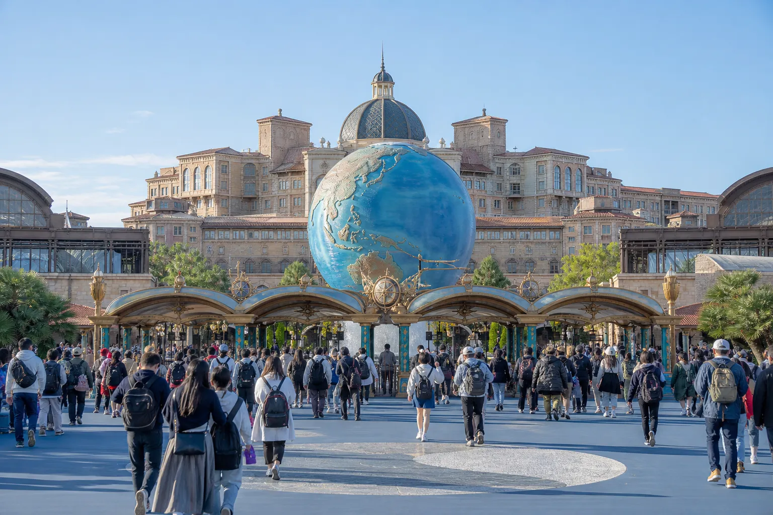 Guests arriving at Tokyo DisneySea entrance in the morning with park signage visible