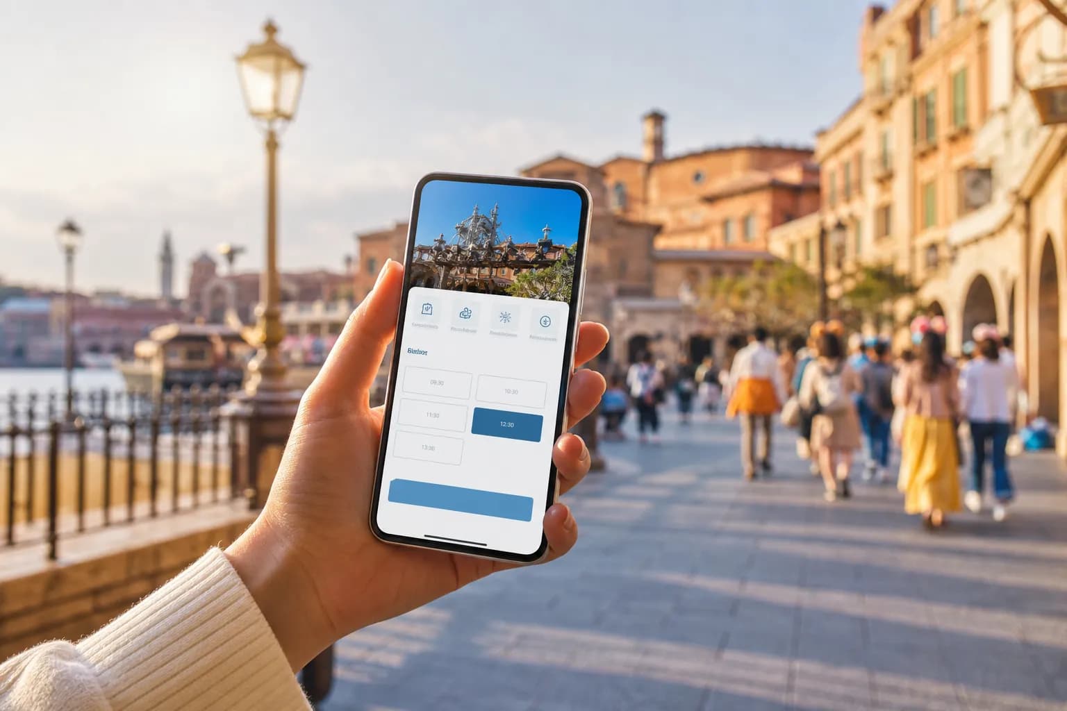 Hand holding a smartphone with the Tokyo Disney Resort App open inside Tokyo DisneySea