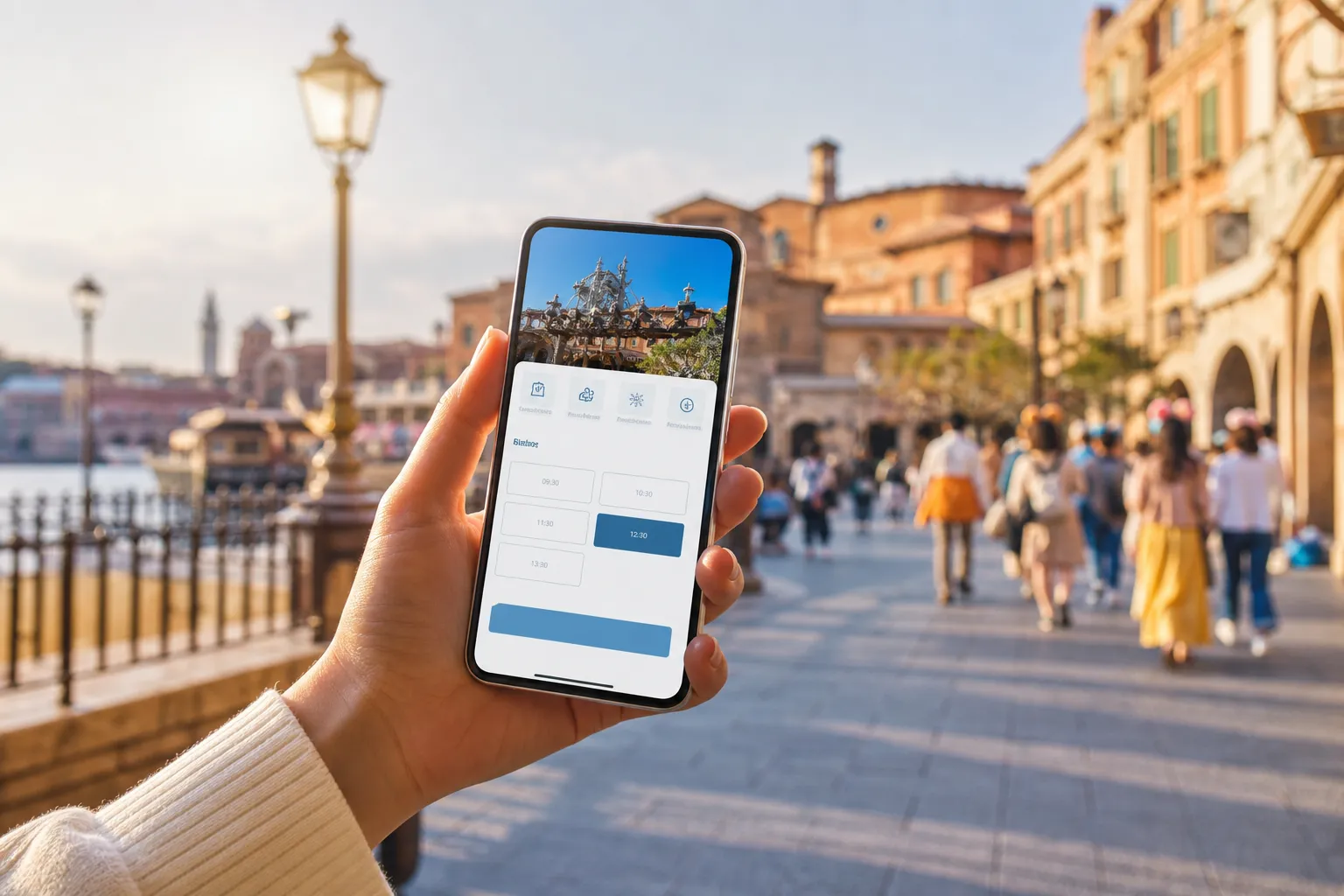 Hand holding a smartphone with the Tokyo Disney Resort App open inside Tokyo DisneySea