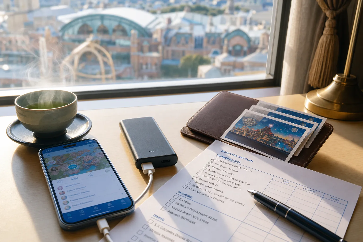 Phone charging beside a portable battery and a simple checklist prepared before visiting Tokyo DisneySea
