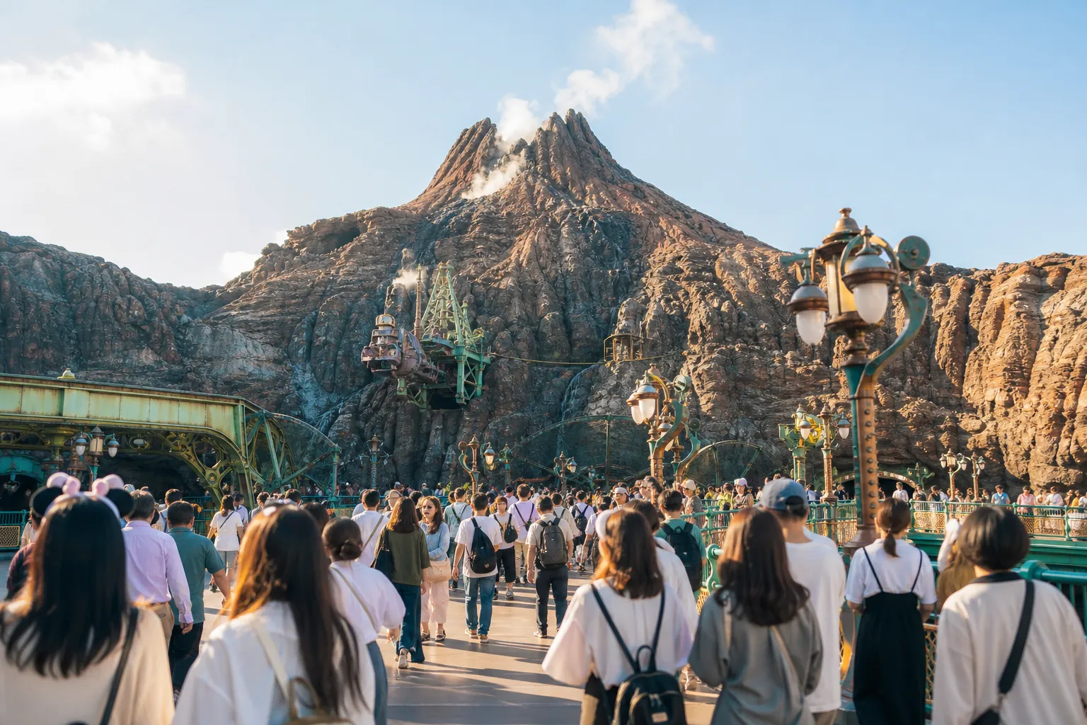 Mount Prometheus in Tokyo DisneySea’s Mysterious Island area with guests walking nearby