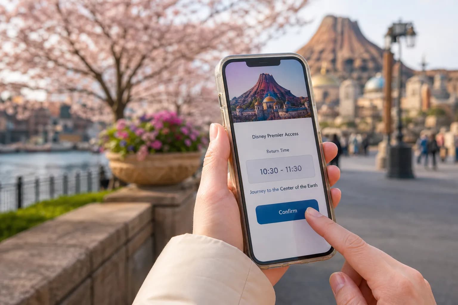 the Tokyo Disney Resort App open on a smartphone screen showing a Disney Premier Access return-time selection, held in front of a softly blurred DisneySea walkway with mossy stone edging
