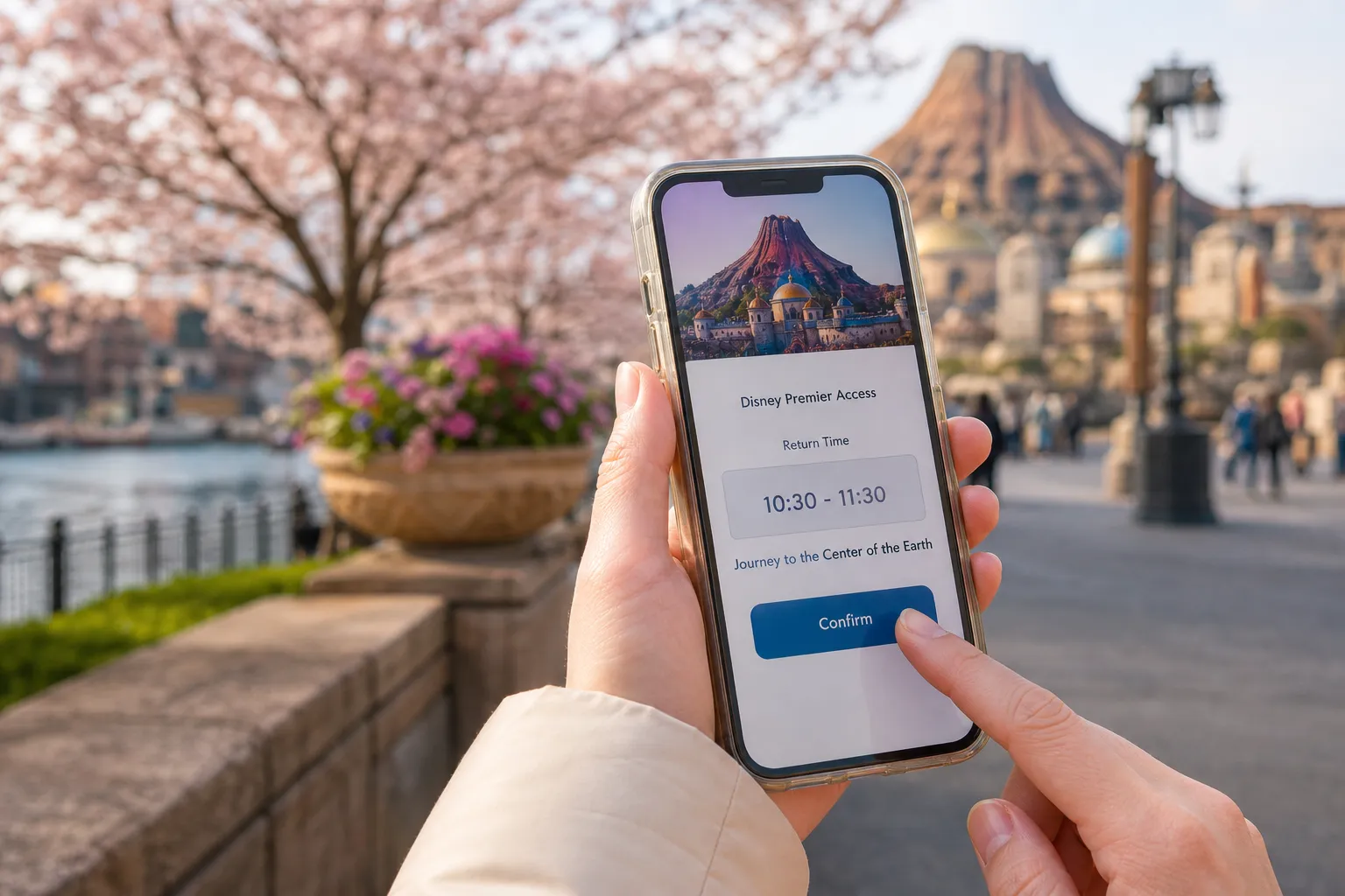 the Tokyo Disney Resort App open on a smartphone screen showing a Disney Premier Access return-time selection, held in front of a softly blurred DisneySea walkway with mossy stone edging