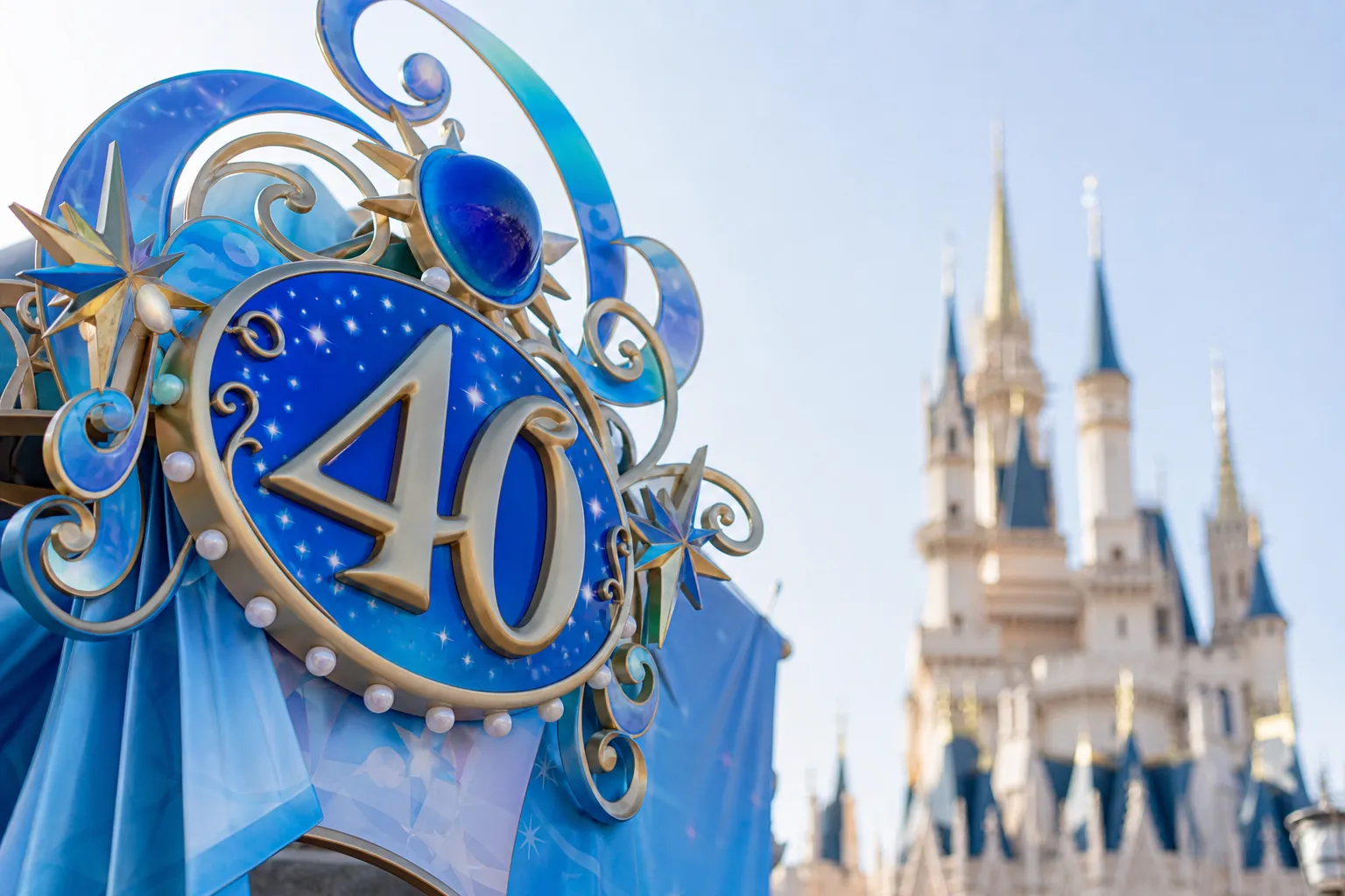 Close-up of blue-themed anniversary decorations representing Jubilee Blue at Tokyo DisneySea