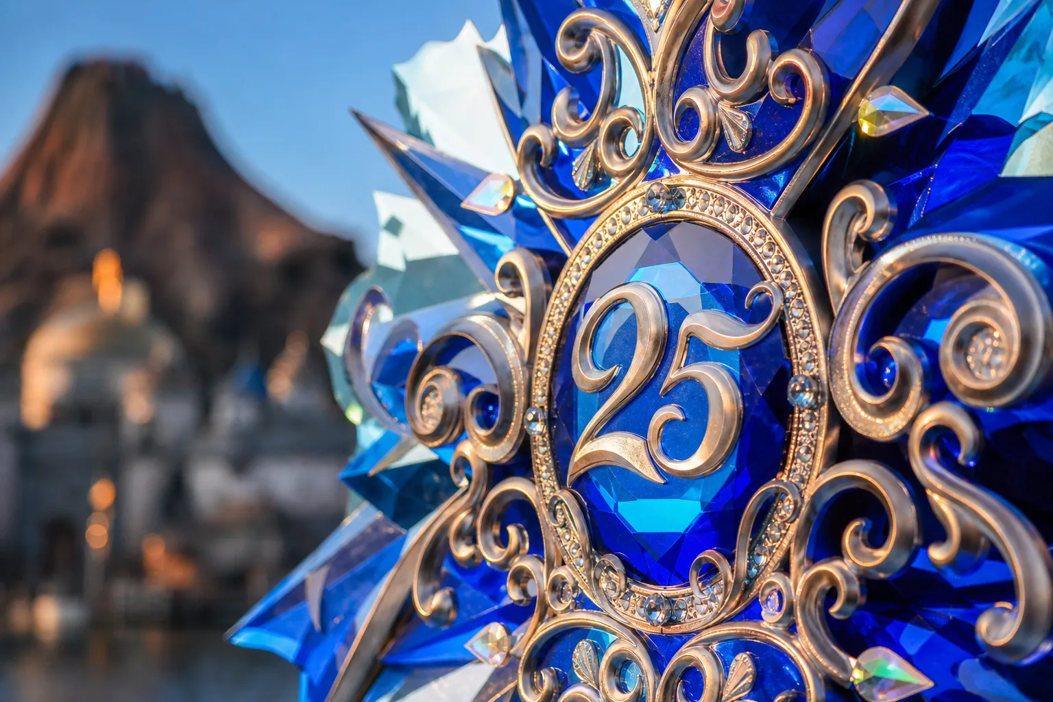 Close-up of blue-themed anniversary decorations representing Jubilee Blue at Tokyo DisneySea