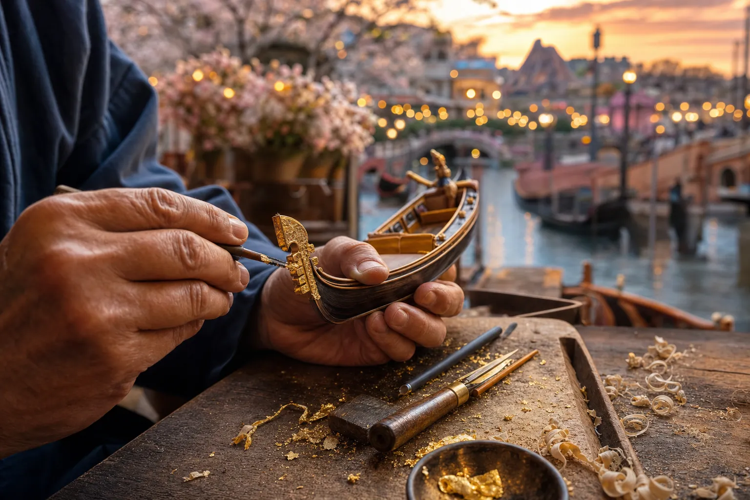 Close-up of artisan hands using traditional tools at a Japanese craft workbench