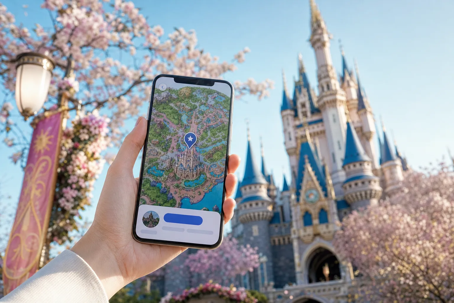 Guest holding a smartphone displaying a theme park app with a designated viewing location and time