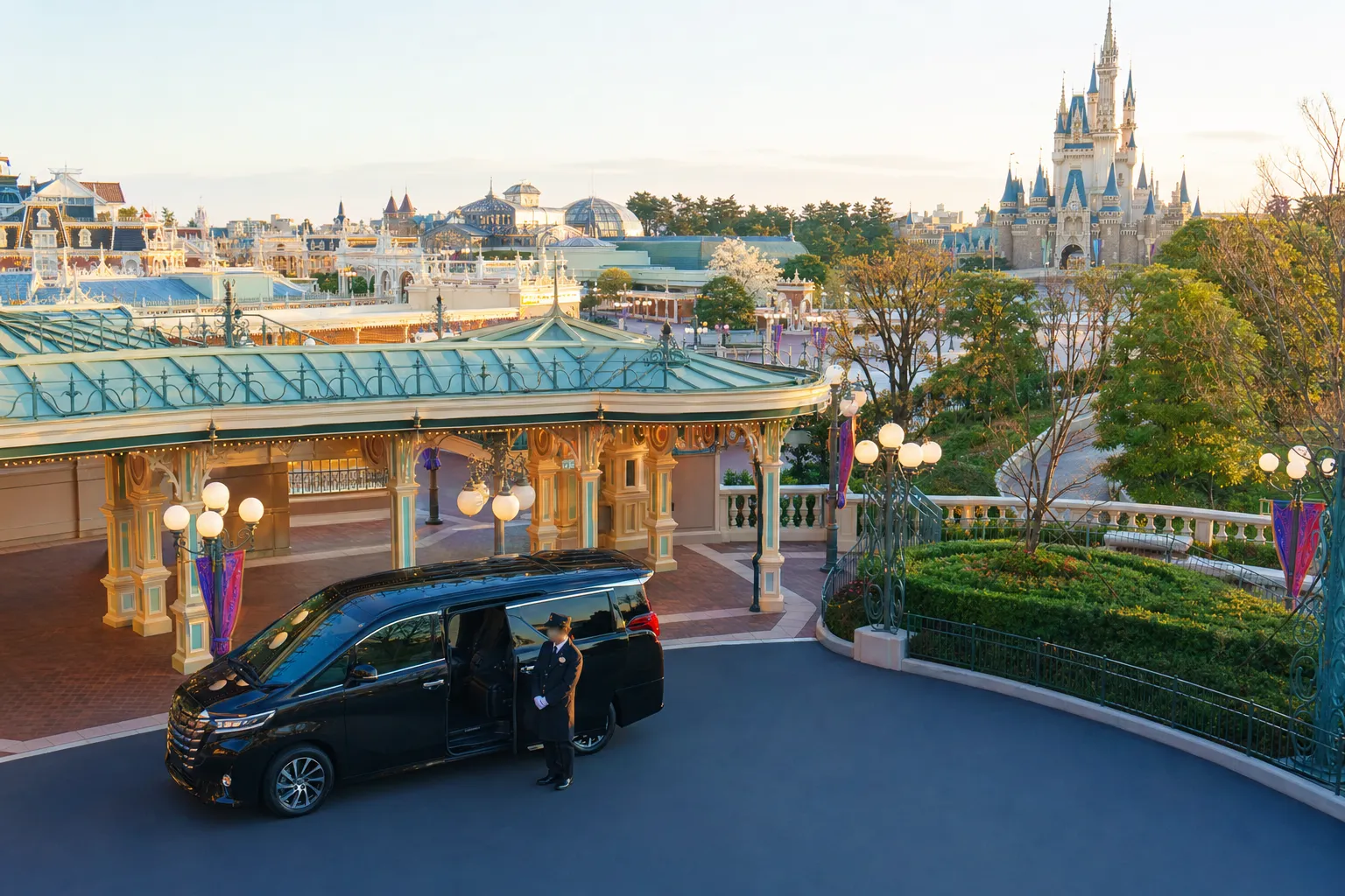 Luxury black minivan and chauffeur at a theme park drop-off in soft morning light
