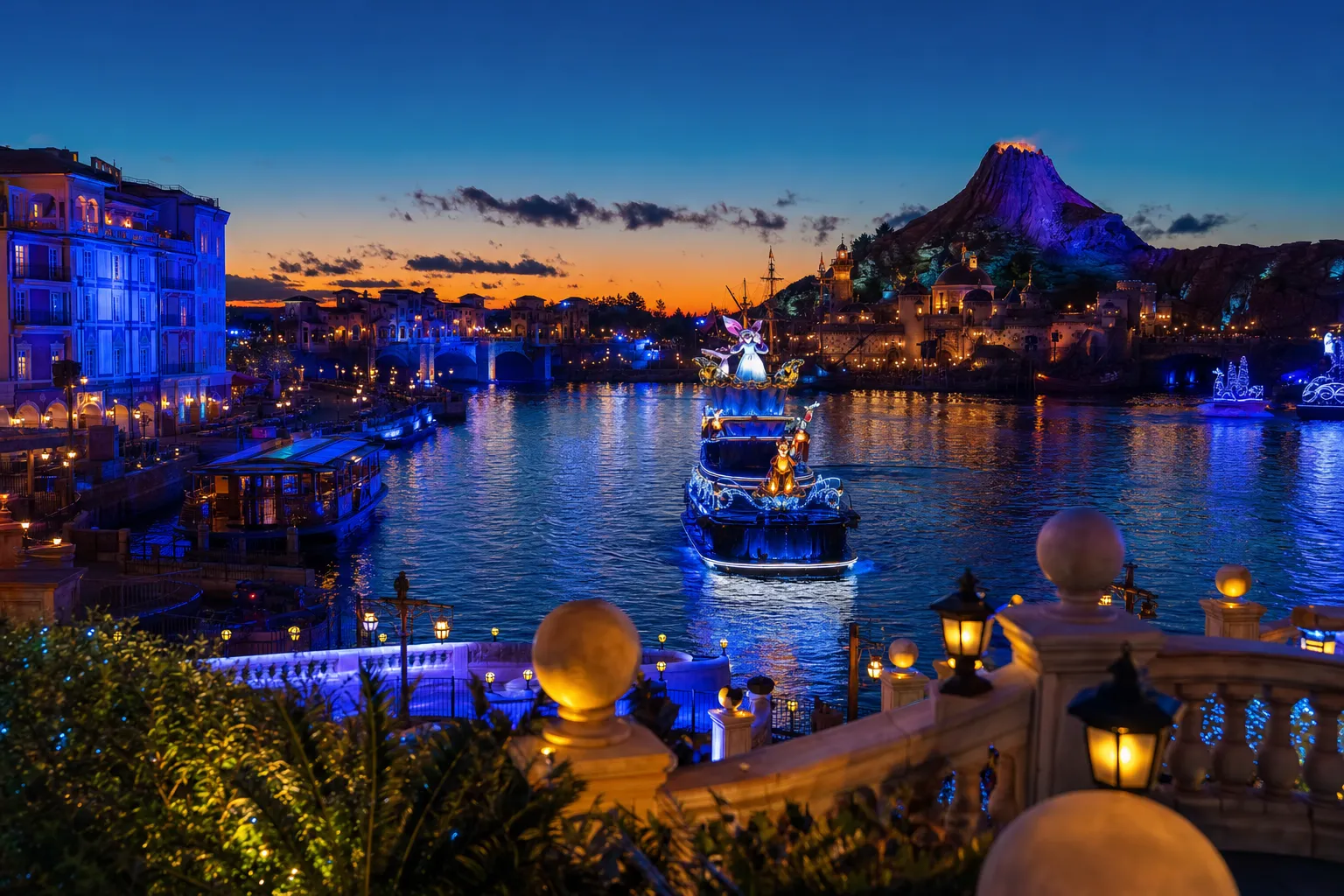 Tokyo DisneySea Mediterranean Harbor lit in blue during a harbor entertainment program at dusk