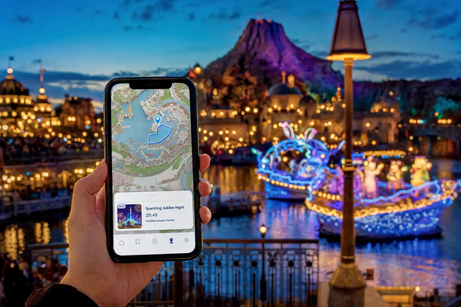 Guest holding a smartphone displaying a theme park app with a designated viewing location and time