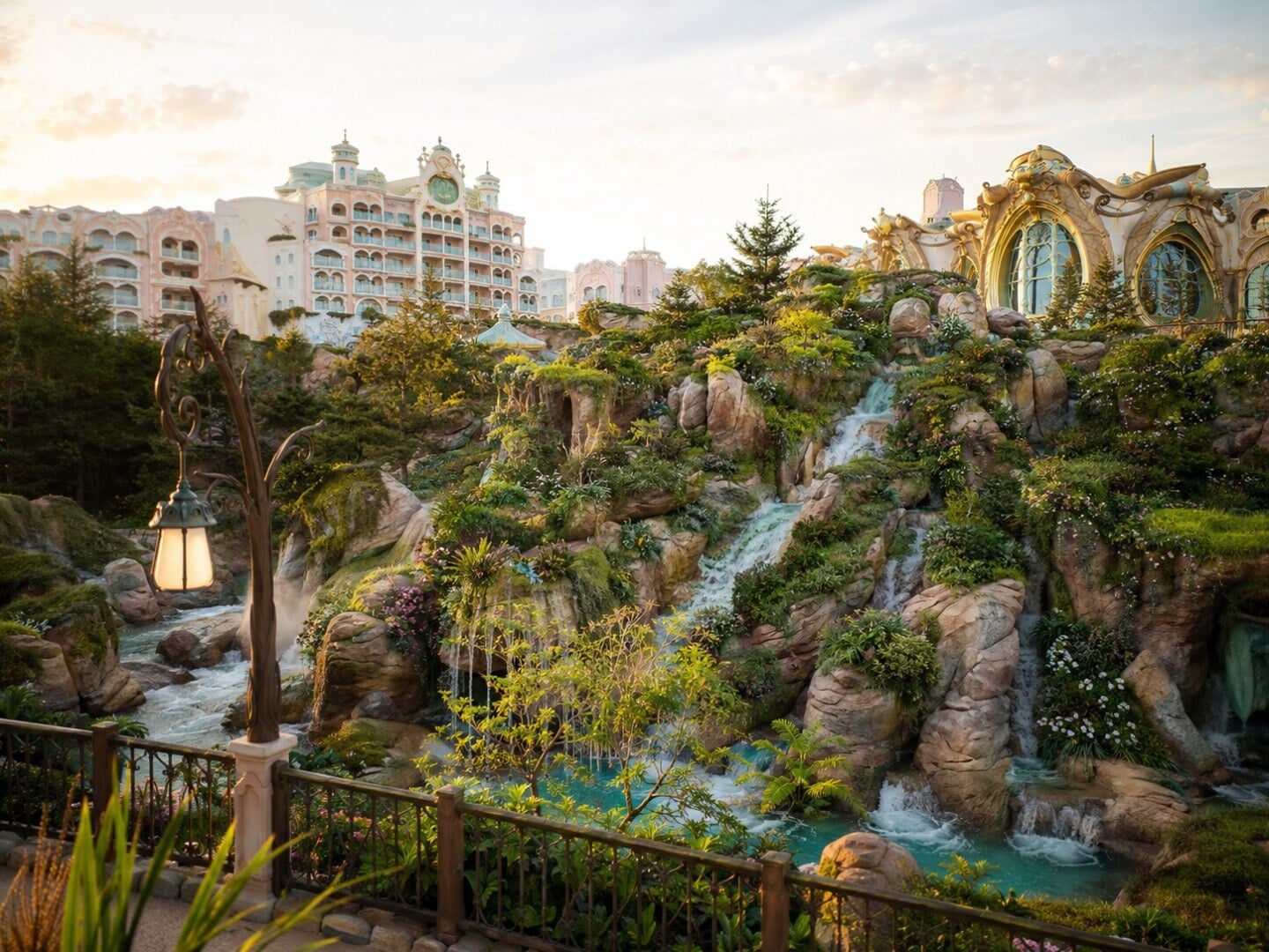 Soft morning sunlight illuminating the beautiful rockwork, waterfalls, and lush greenery of the Fantasy Springs port.