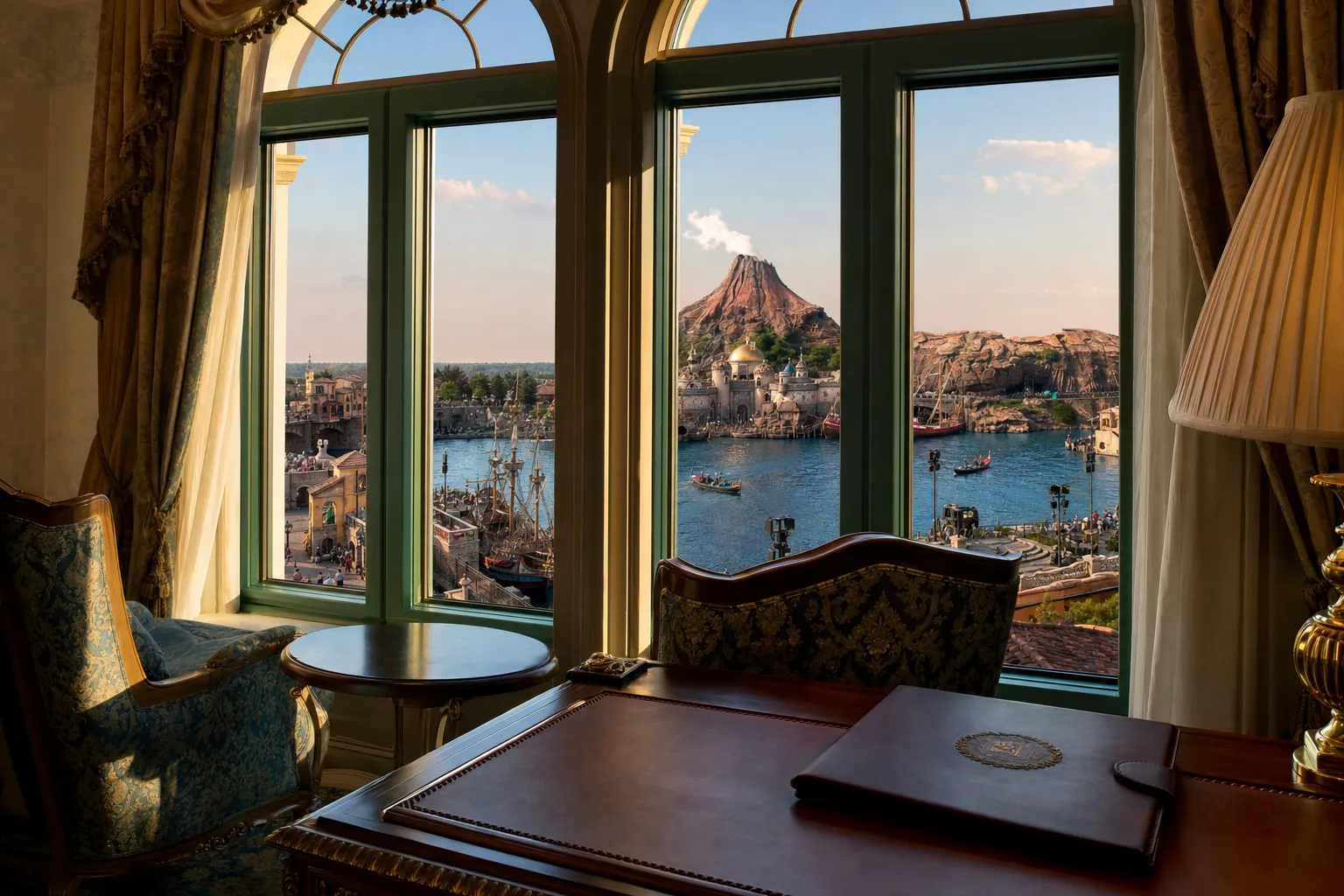 A luxurious hotel suite with classic European decor and large windows overlooking the Tokyo DisneySea Mediterranean Harbor.