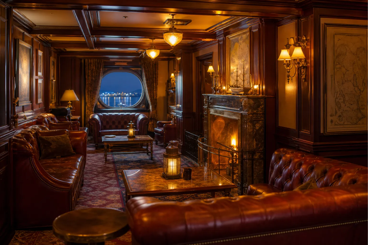 Luxurious dark wood lounge with leather sofas, marble fireplace, and warm pendant lights in an upscale setting.