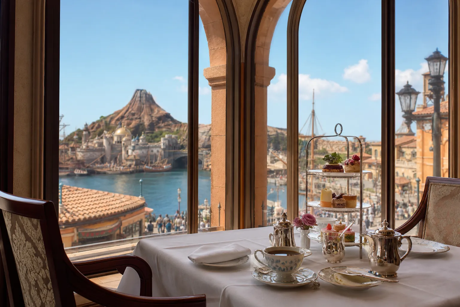 A table set for tea at the BellaVista Lounge with a scenic daytime view of the Mediterranean Harbor at Tokyo DisneySea through large windows.