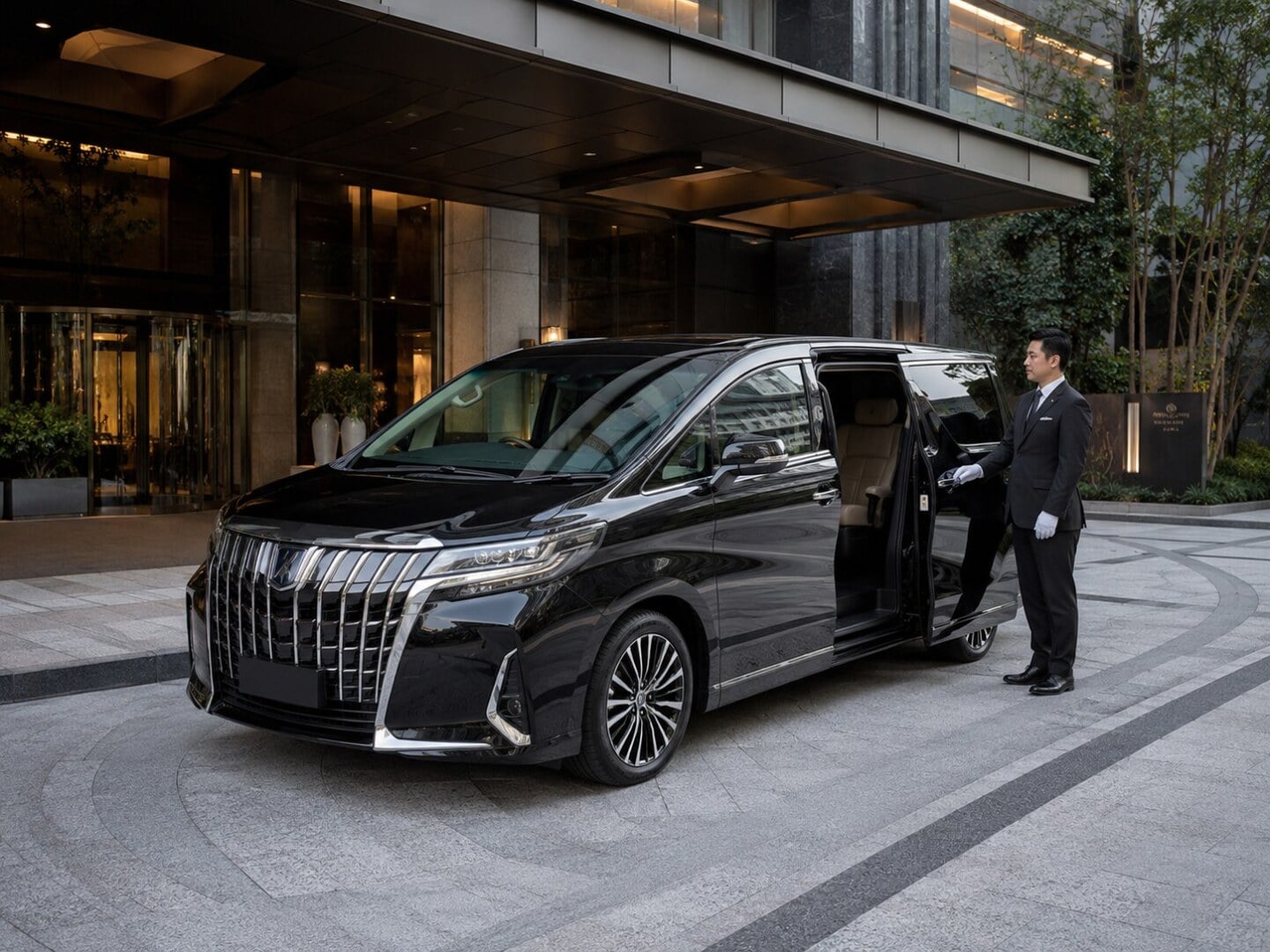 A professional chauffeur in a suit and white gloves standing attentively next to an open black luxury minivan in Tokyo.