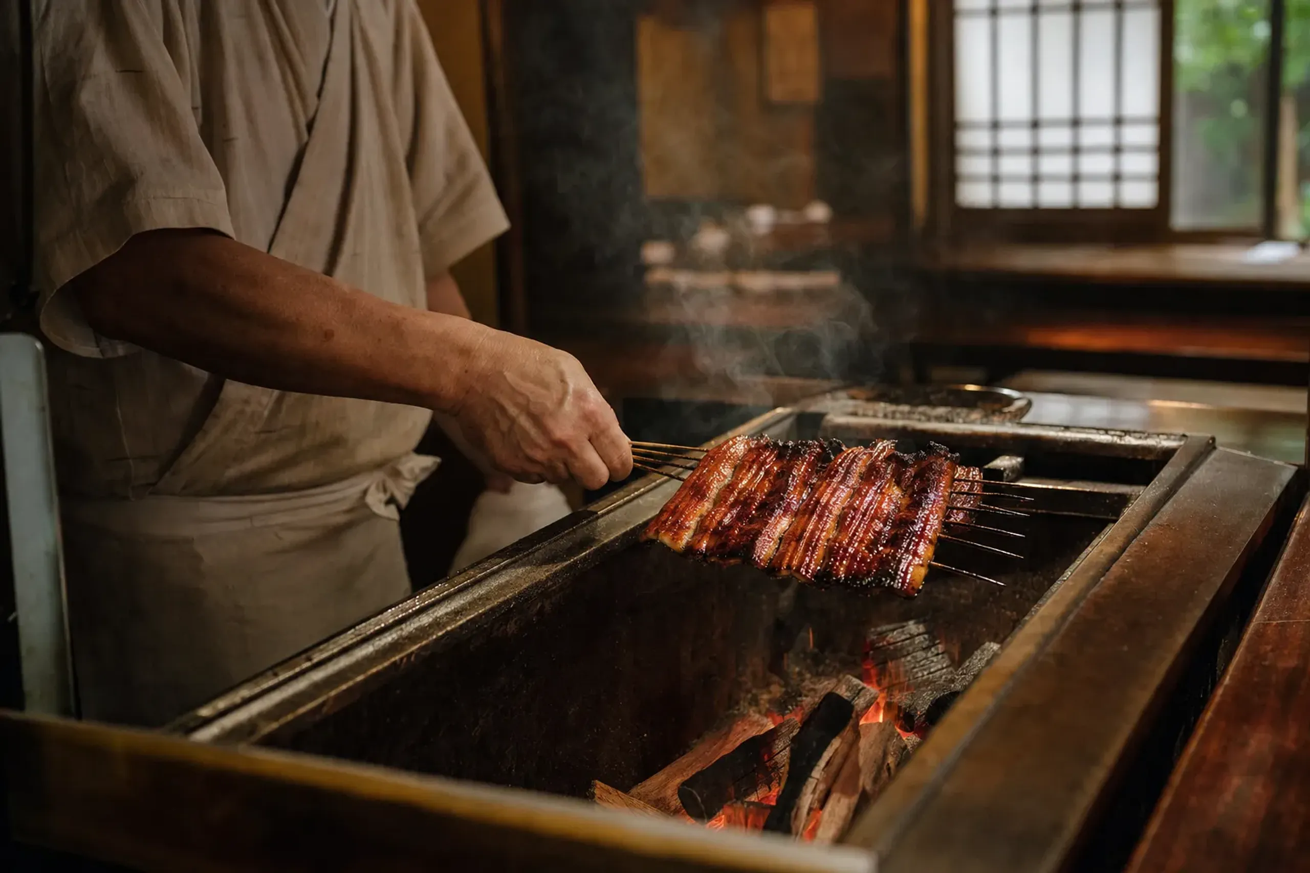 A traditional Japanese eel house interior in Tokyo, with lacquered charcoal grill, skewered unagi glazed dark with tare sauce, and low wooden tables in soft afternoon light