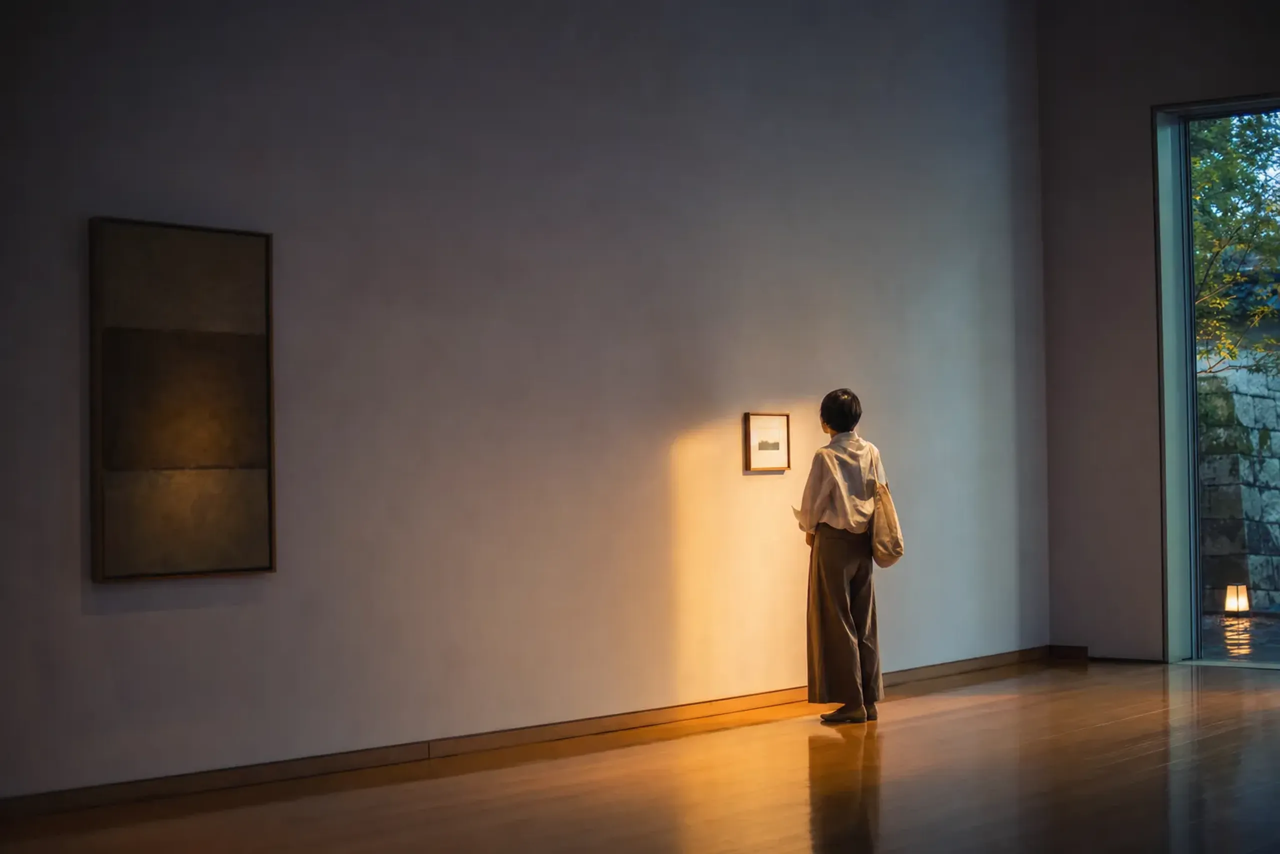 Small Tokyo commercial art gallery with soft evening light and a single visitor