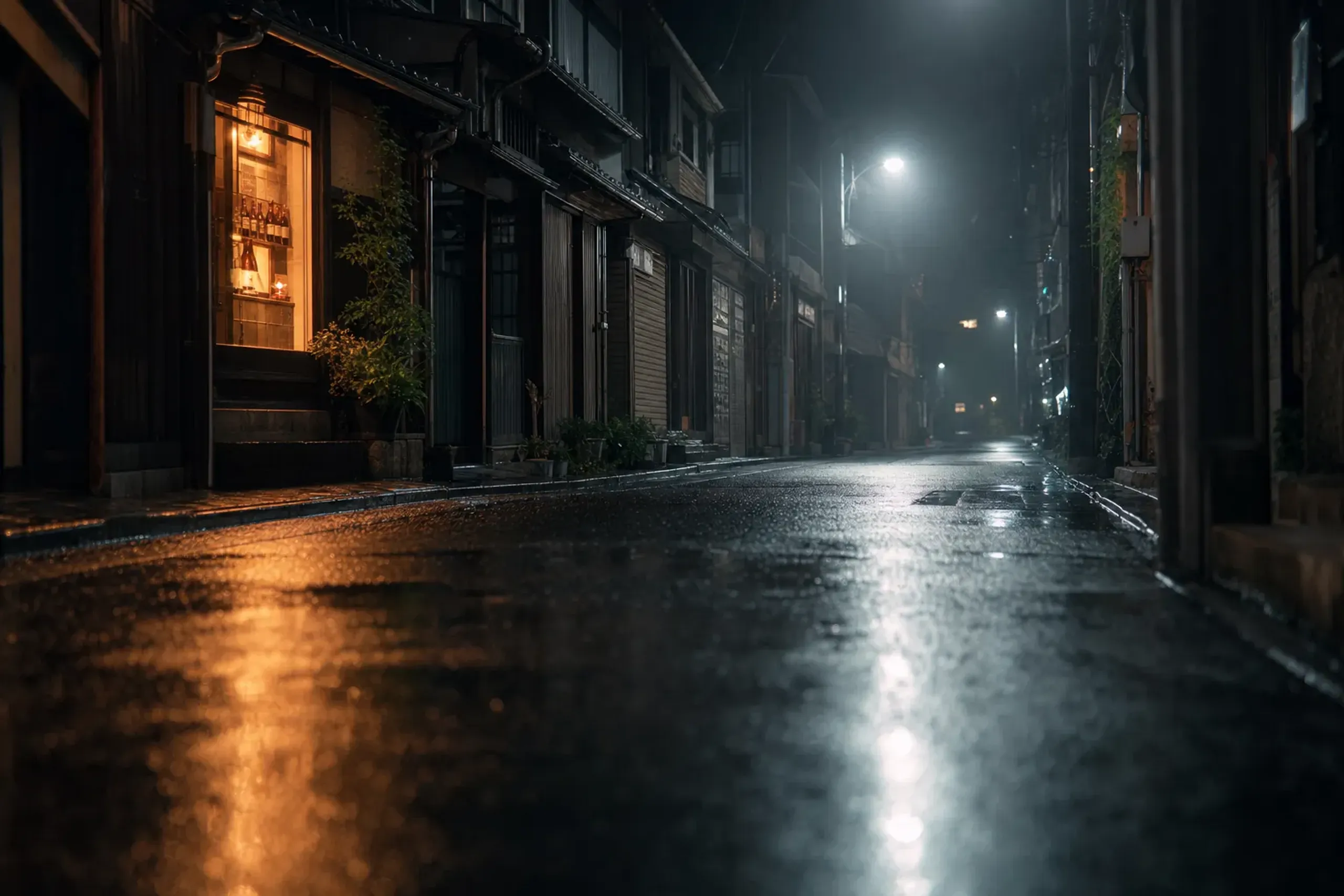 Quiet empty Tokyo street at night with a single lit bar window after the last train