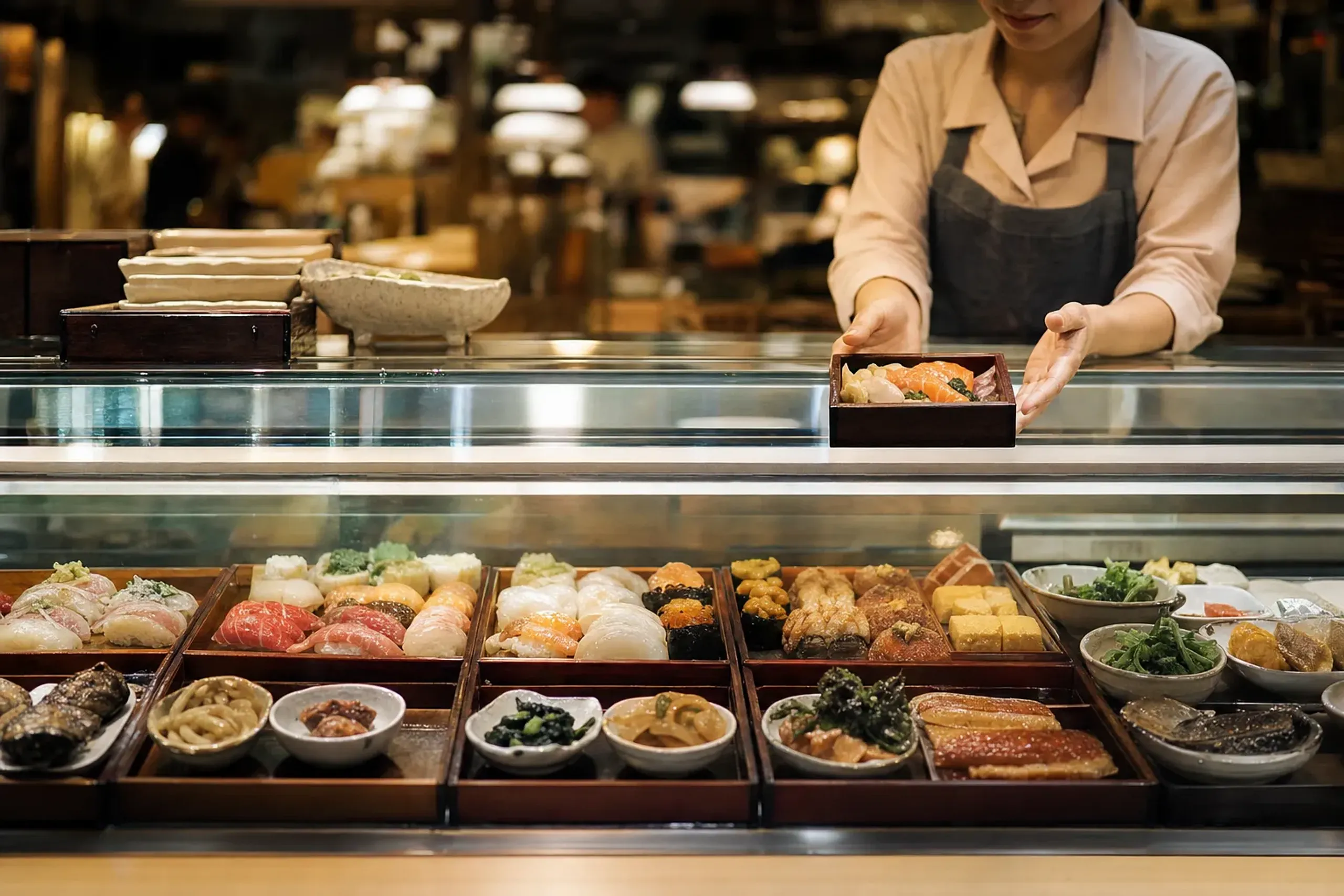 Depachika food hall in Tokyo with glass counters of prepared dishes and sushi