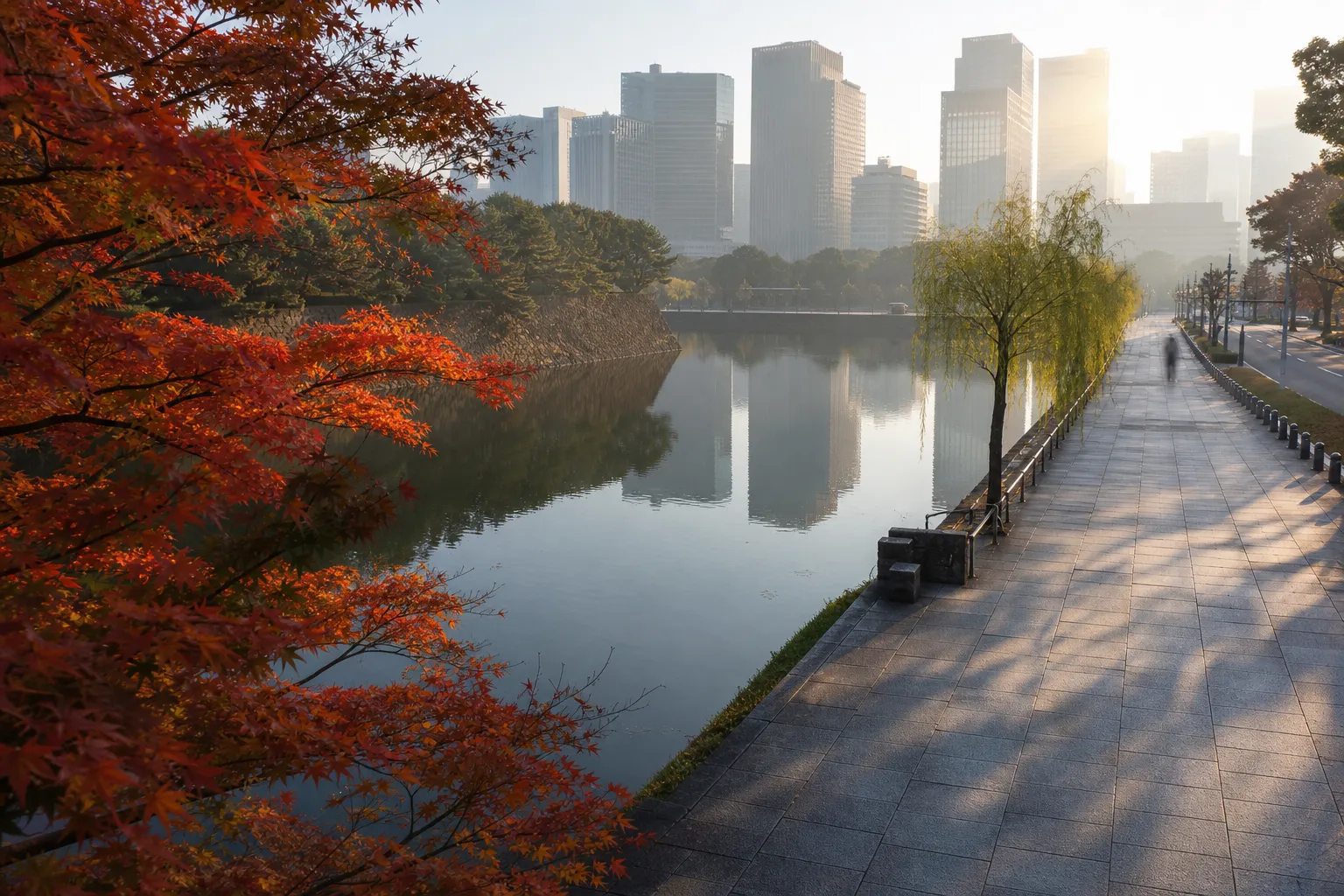 Quiet early morning near the Imperial Palace area in Tokyo with soft sunrise light and few pedestrians
