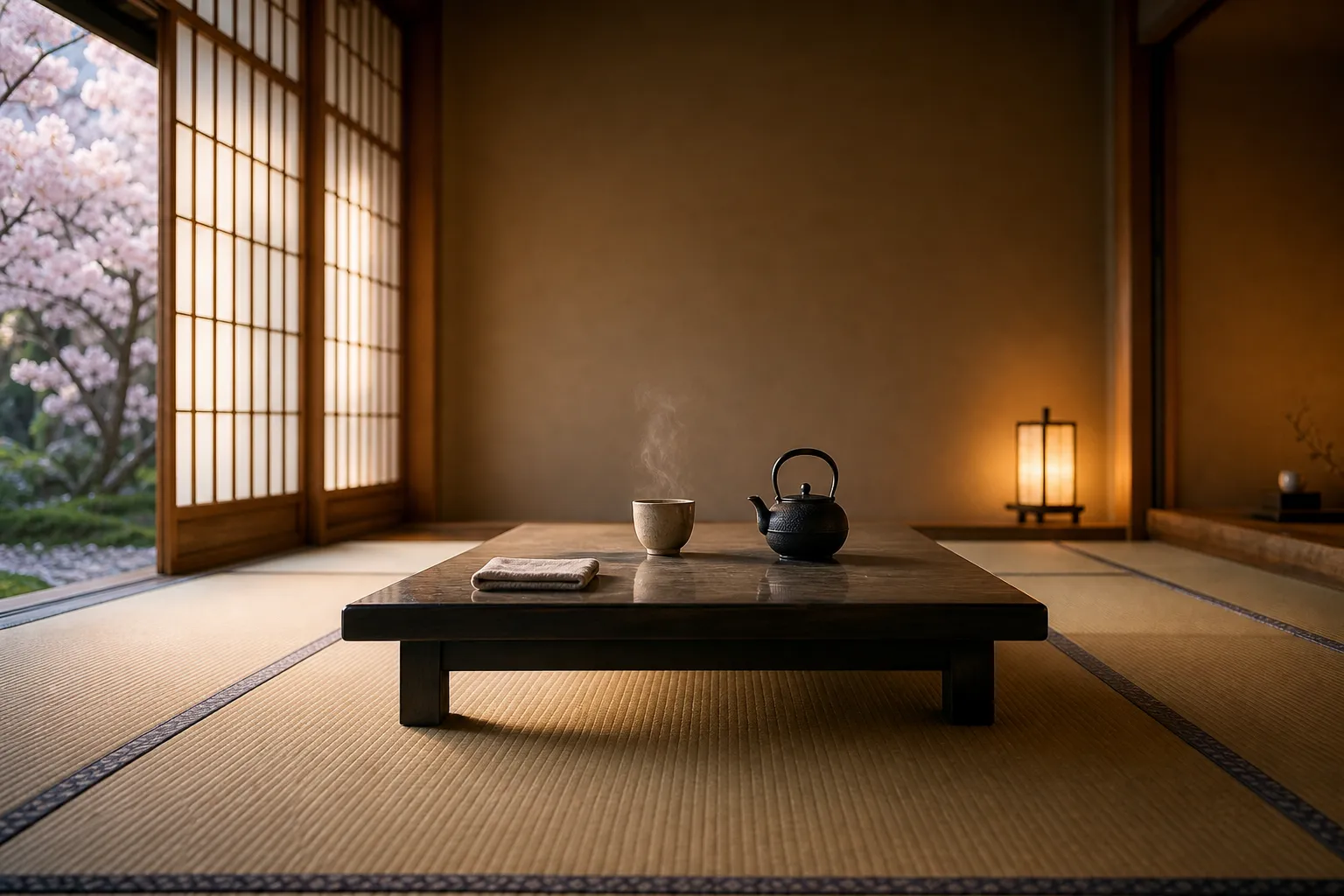 Japanese-style hotel room with soft morning light, low table, and quiet minimalist interior