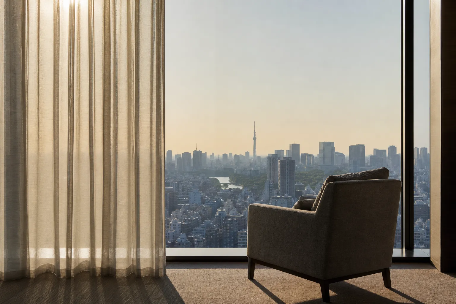 High-floor Tokyo hotel room with floor-to-ceiling glass and sheer curtains controlling morning light