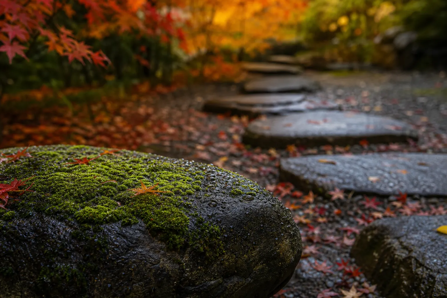 Moss-covered stone and traditional Japanese garden path detail in Tokyo after rainfall