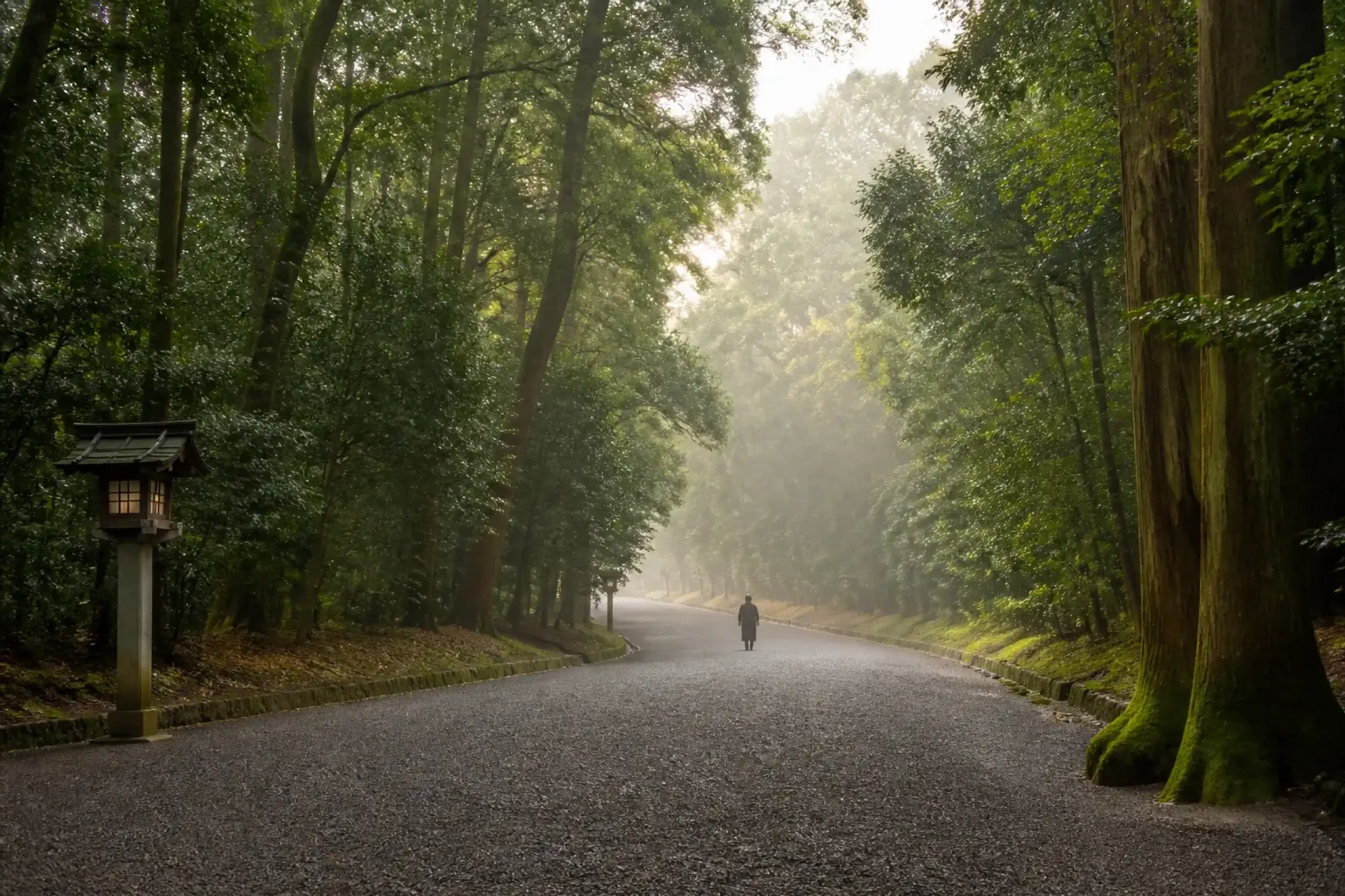 Quiet dawn path through cedar trees at Meiji Jingu in Tokyo before crowds arrive