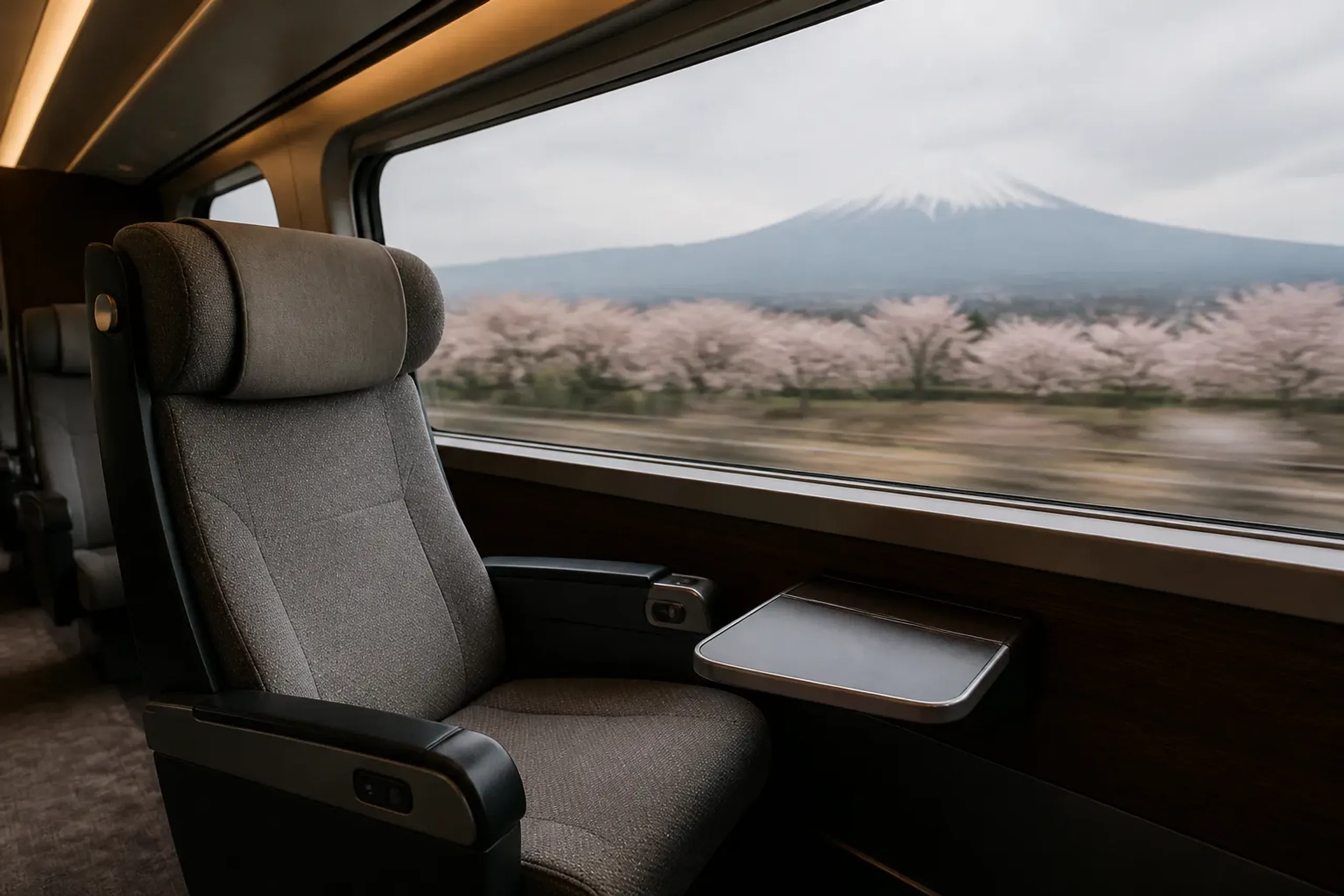 Premium Shinkansen Green Car seat with Mount Fuji visible through the window