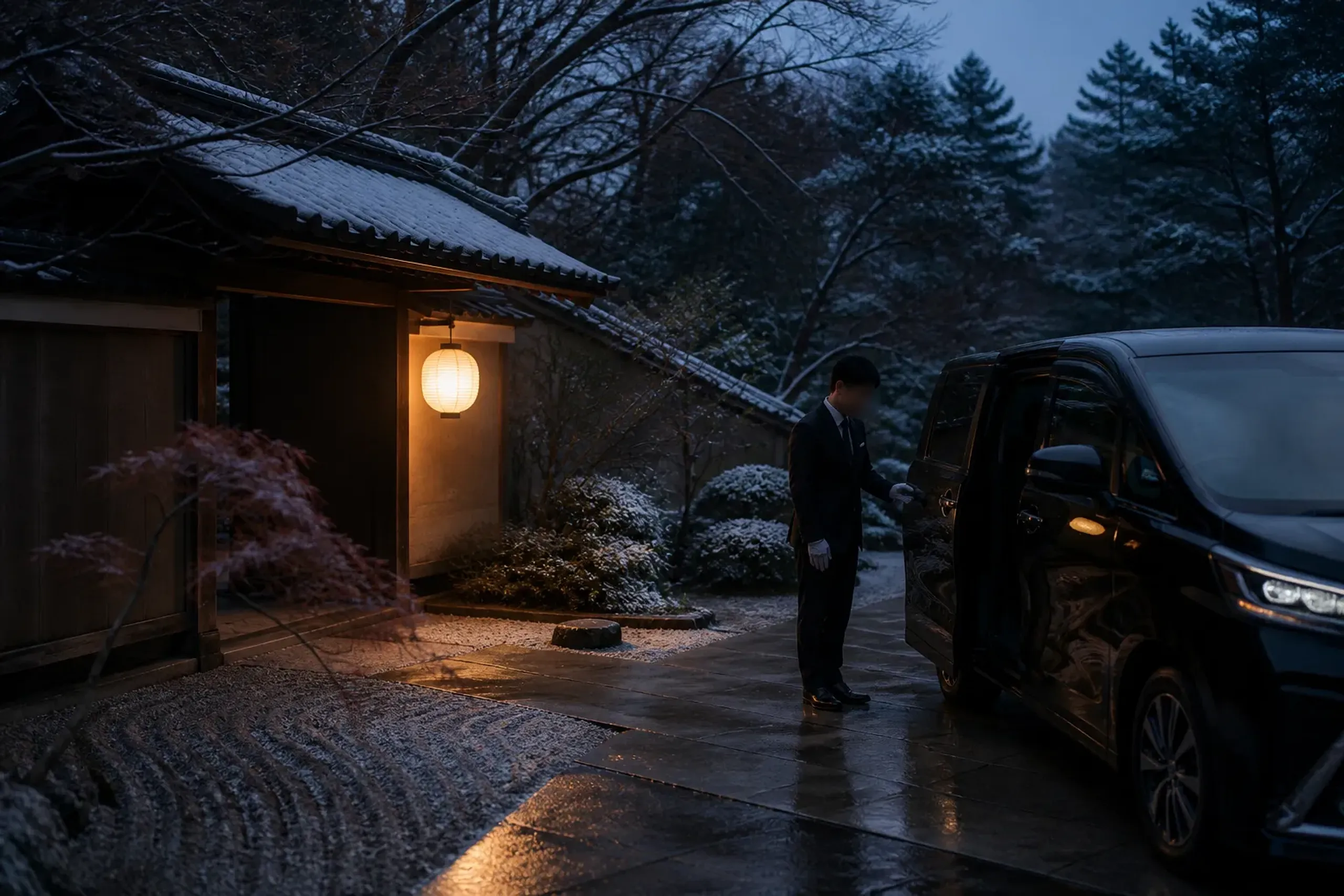 Chauffeur beside a luxury minivan at a discreet ryokan entrance in the evening