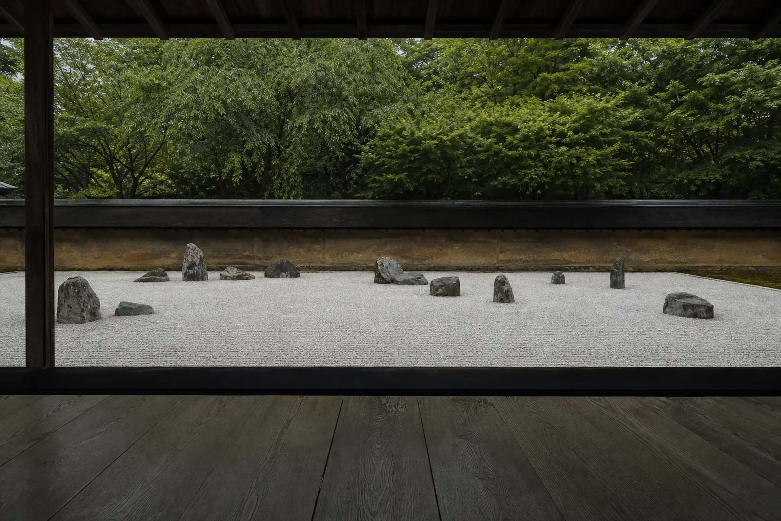 Empty Ryoan-ji rock garden in Kyoto with raked gravel and stones viewed from the veranda