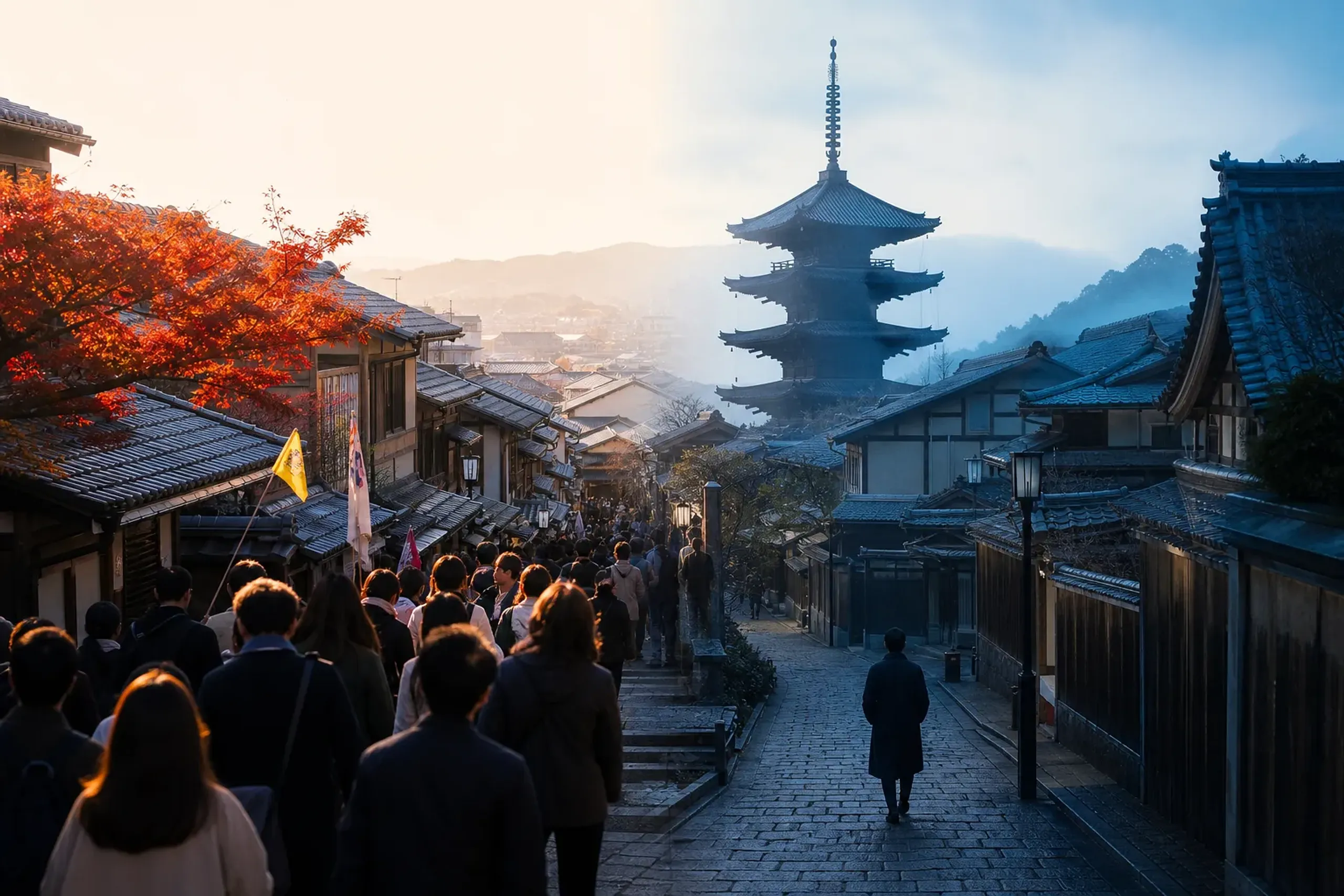 a live congestion-monitoring camera view over the Gion district's Hanamikoji stone-paved street in Kyoto at dusk, machiya wooden townhouses lining both sides