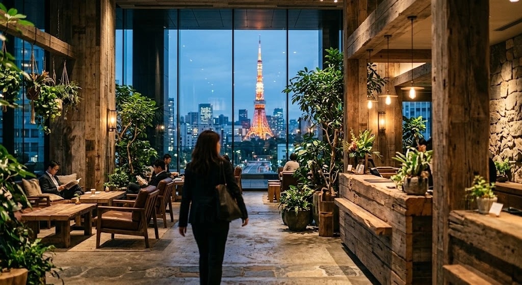 Cozy cafe interior with wooden beams and lush plants, patrons seated by a large window overlooking a cityscape and Tokyo Tower at dusk.
