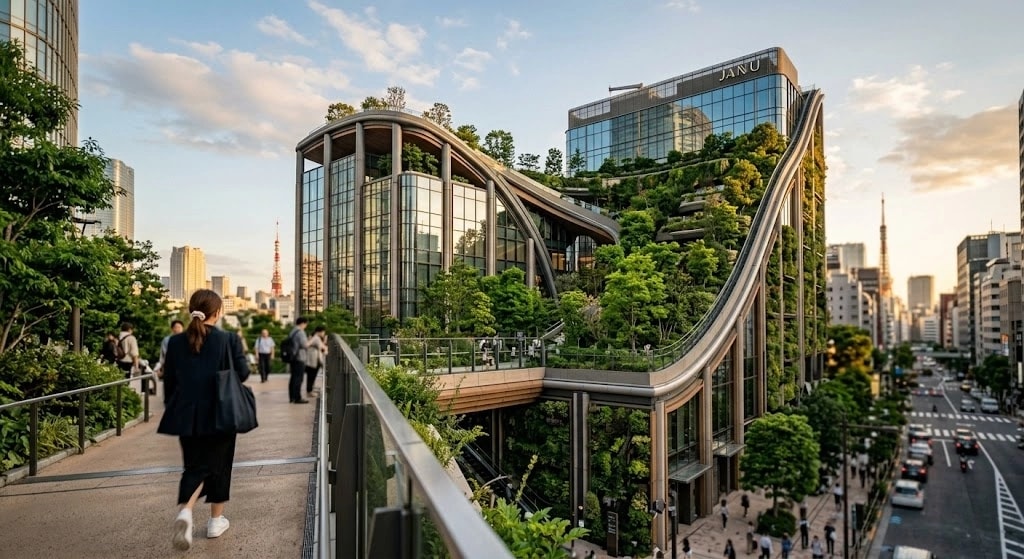 Green rooftop garden on a modern, curving office building connected by a raised walkway, with pedestrians along a city street