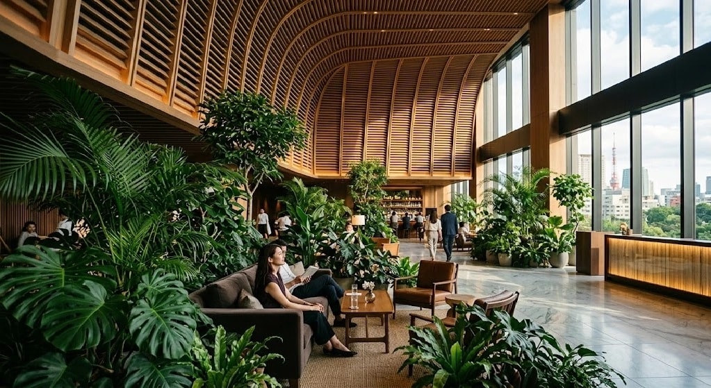 Lush indoor lobby with numerous tropical plants, a curved wooden ceiling, and seating by large windows.