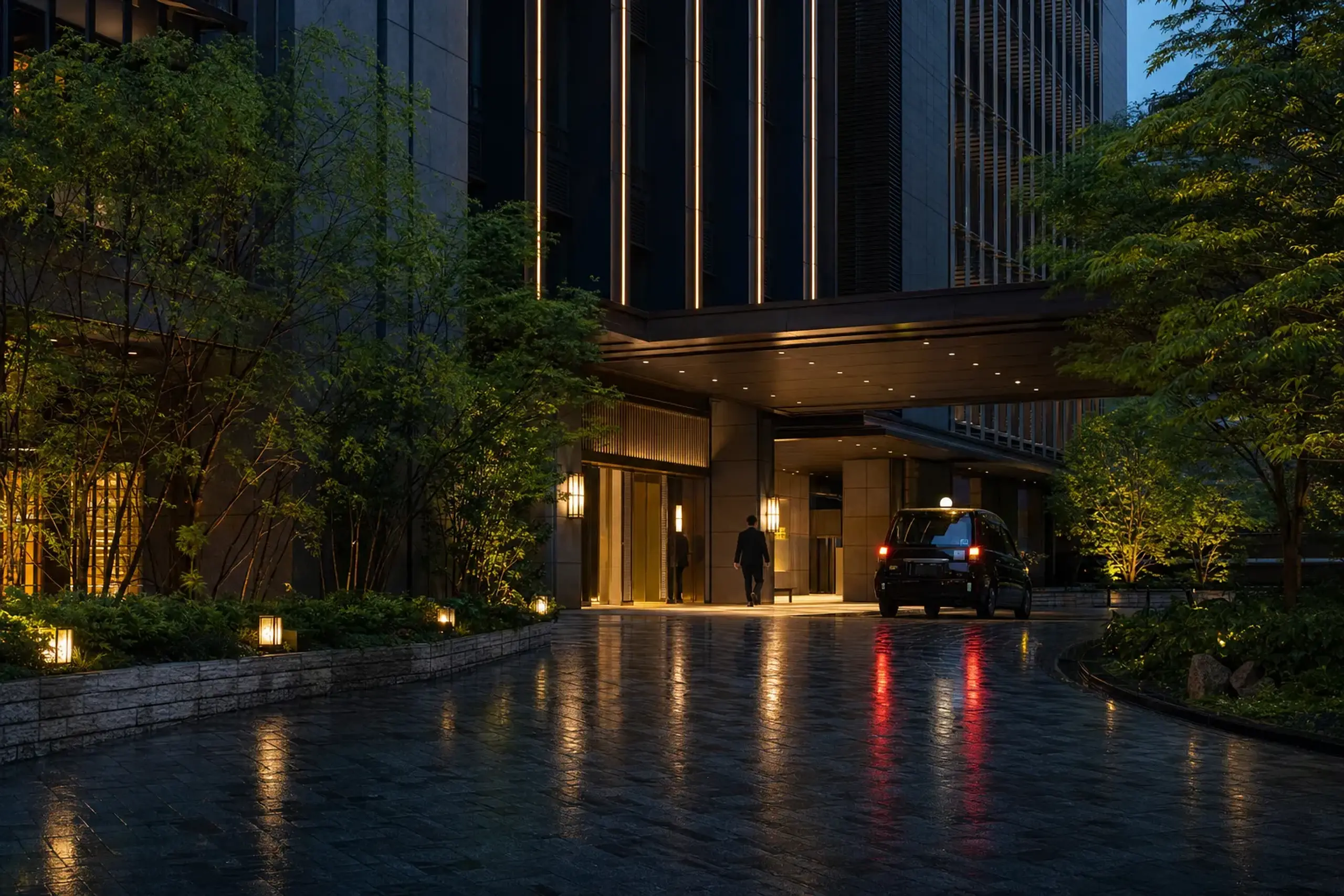 Quiet evening street near Nihonbashi in Tokyo with discreet building entrance lighting and minimal crowds